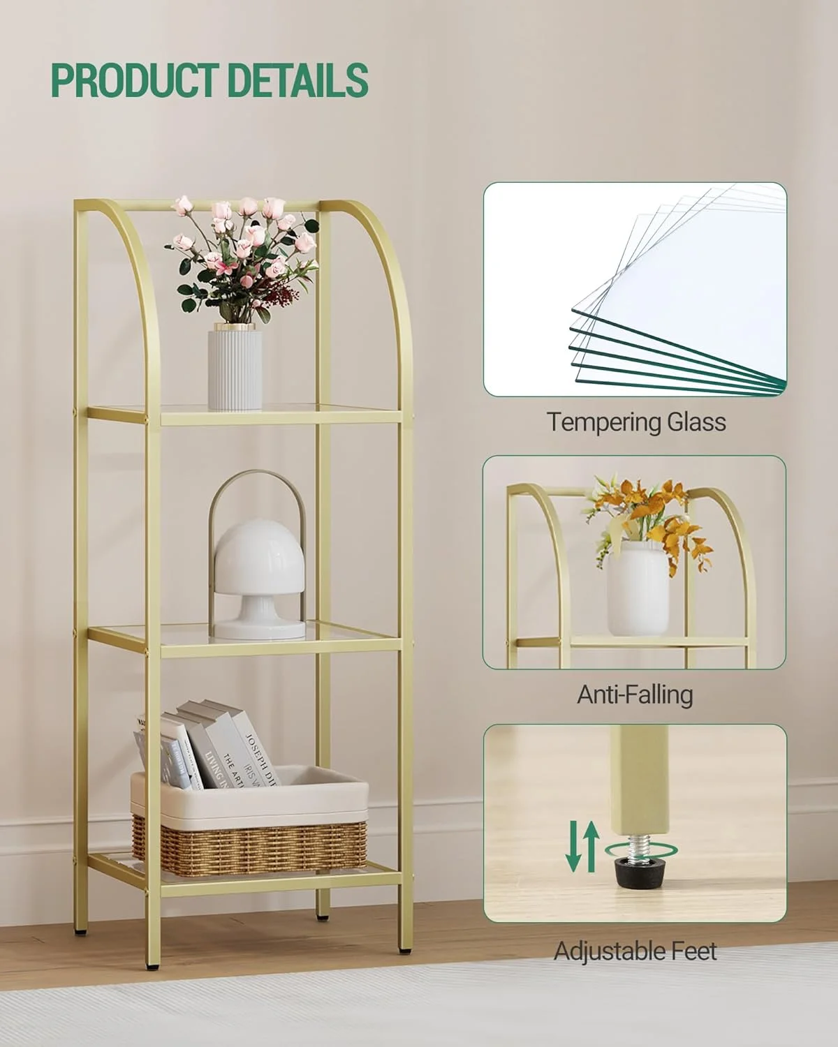 قفسه کتاب هژوانری، قفسه کتاب کمانی شیشه ای سکوریت برای فضای ذخیره سازی بیشتر، واحد قفسه بندی باریک برای اتاق خواب، حمام، دفتر کار خانگی، قاب فولادی، 3 طبقه طلایی BC20399G