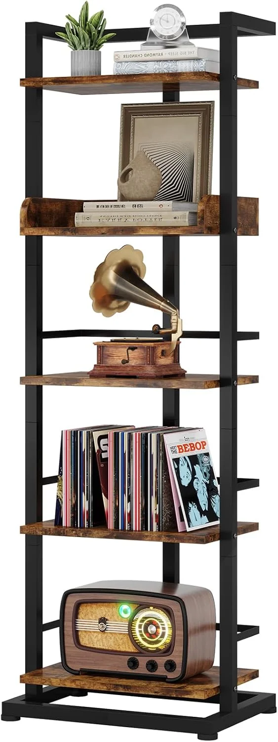 قفسه کتاب 5 طبقه Hosfais - قفسه کتاب باریک چوبی، قفسه گوشه بلند، سازمان دهنده و نمایشگر برای اتاق نشیمن، اتاق خواب، دفتر کار، منزل (قهوه ای روستیک)، RH020