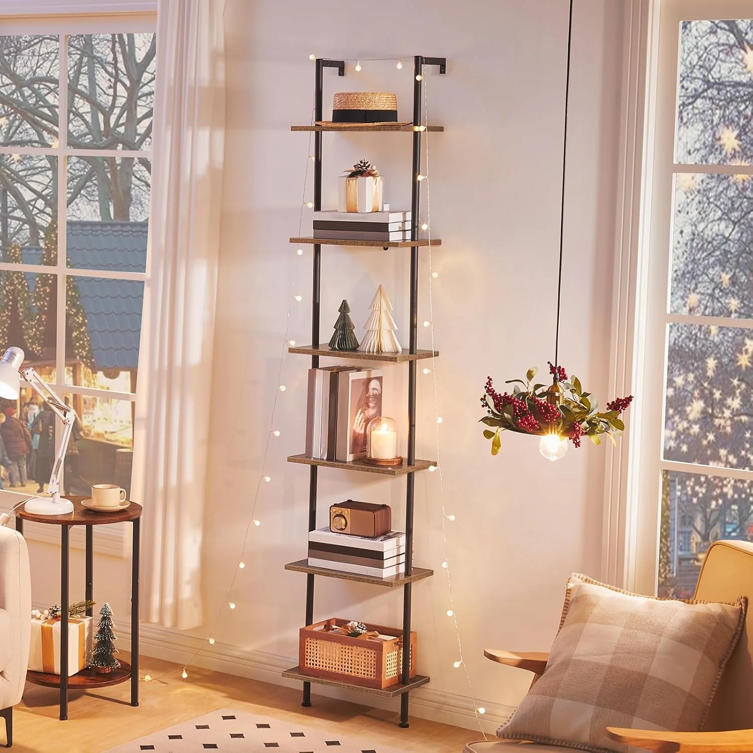 قفسه کتاب نردبانی هووبرو، 6 طبقه، قفسه کتاب دیواری چوبی، قفسه نمایش، قفسه ذخیره سازی، استند گل، برای اتاق نشیمن، اتاق خواب، مطالعه، بالکن، قهوه ای روستایی و مشکی BF651CJ01