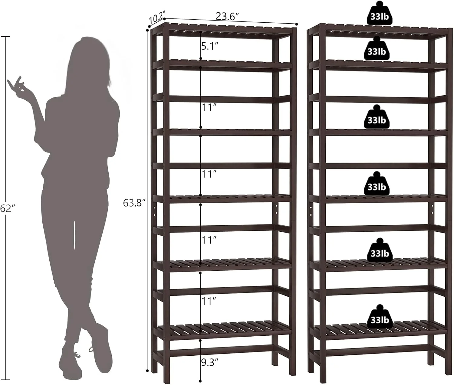قفسه کتاب 6 طبقه بامبو هومایکیک، قفسه باریک 161 سانتی‌متری با قابلیت تنظیم، قفسه نگهداری مستقل برای اتاق نشیمن، آشپزخانه، حمام، دفتر کار، رنگ اسپرسو