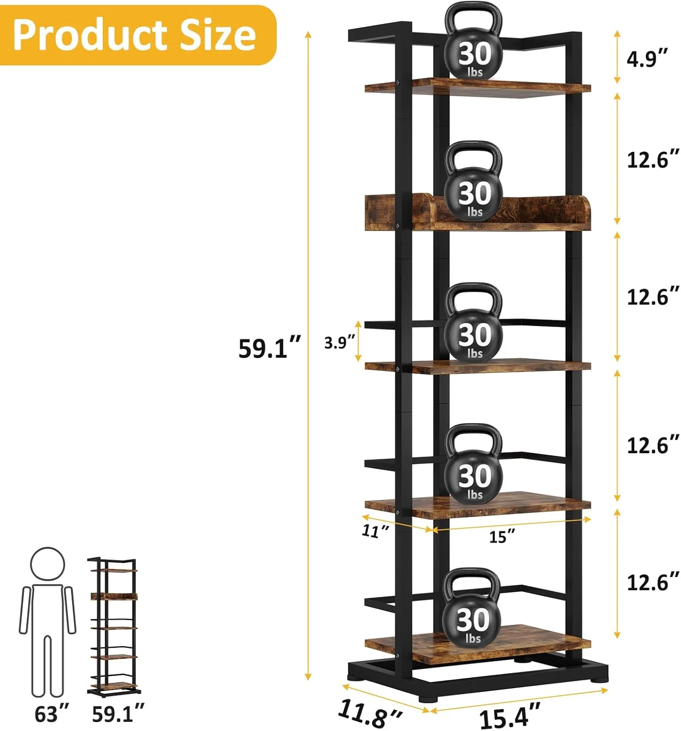 قفسه کتاب 5 طبقه Hosfais - قفسه کتاب باریک چوبی، قفسه گوشه بلند، سازمان دهنده و نمایشگر برای اتاق نشیمن، اتاق خواب، دفتر کار، منزل (قهوه ای روستیک)، RH020