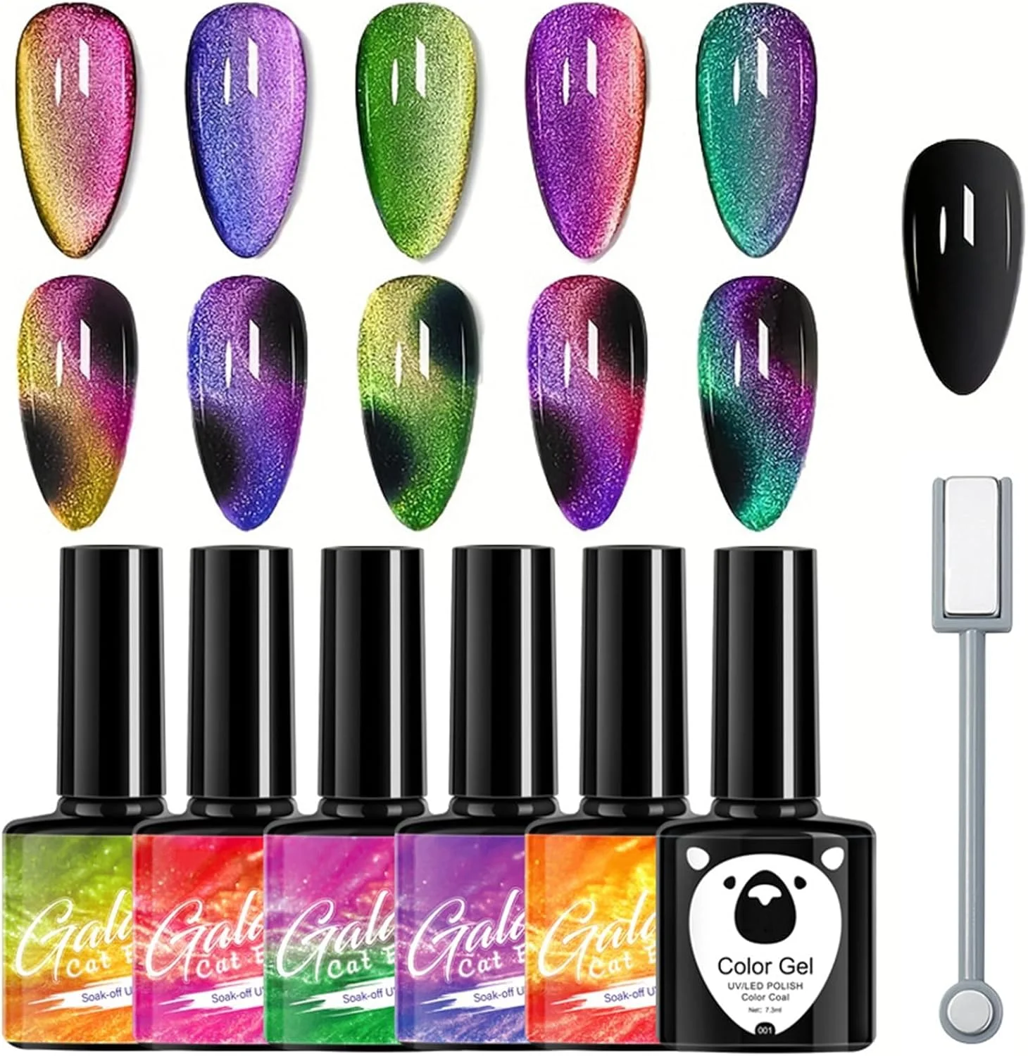 مجموعه لاک ژل چشم گربه ای آزونه، 6 رنگ - لاک ژل مغناطیسی کهکشانی UV، به همراه استیک مغناطیسی، لاک ژل مشکی پایه و لاک ژل ناخن رنگین کمانی جهانی برای طراحی ناخن در خانه و سالن