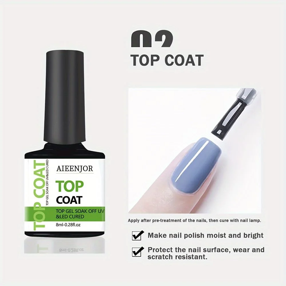 ست لاک ژل بیس و تاپ کت بدون نیاز به تمیز کردن، 8 میلی لیتر - براق و ماندگار، مناسب برای استفاده در سالن و منزل (تاپ&بیس کت، 8 میلی لیتر)