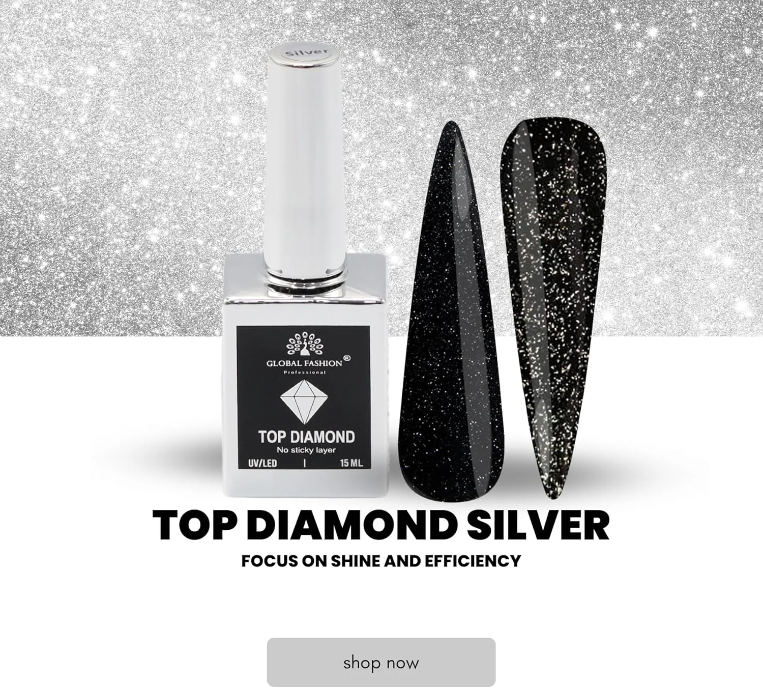 تاپ کت یونیورسال گلوبال فشن - بدون چسبندگی، ماندگاری بالا، خشک شدن سریع، براقیت زیاد، لاک ناخن حلال، مراقبت برتر ناخن، تاپ کت شفاف (تاپ دیاموند نقره ای)