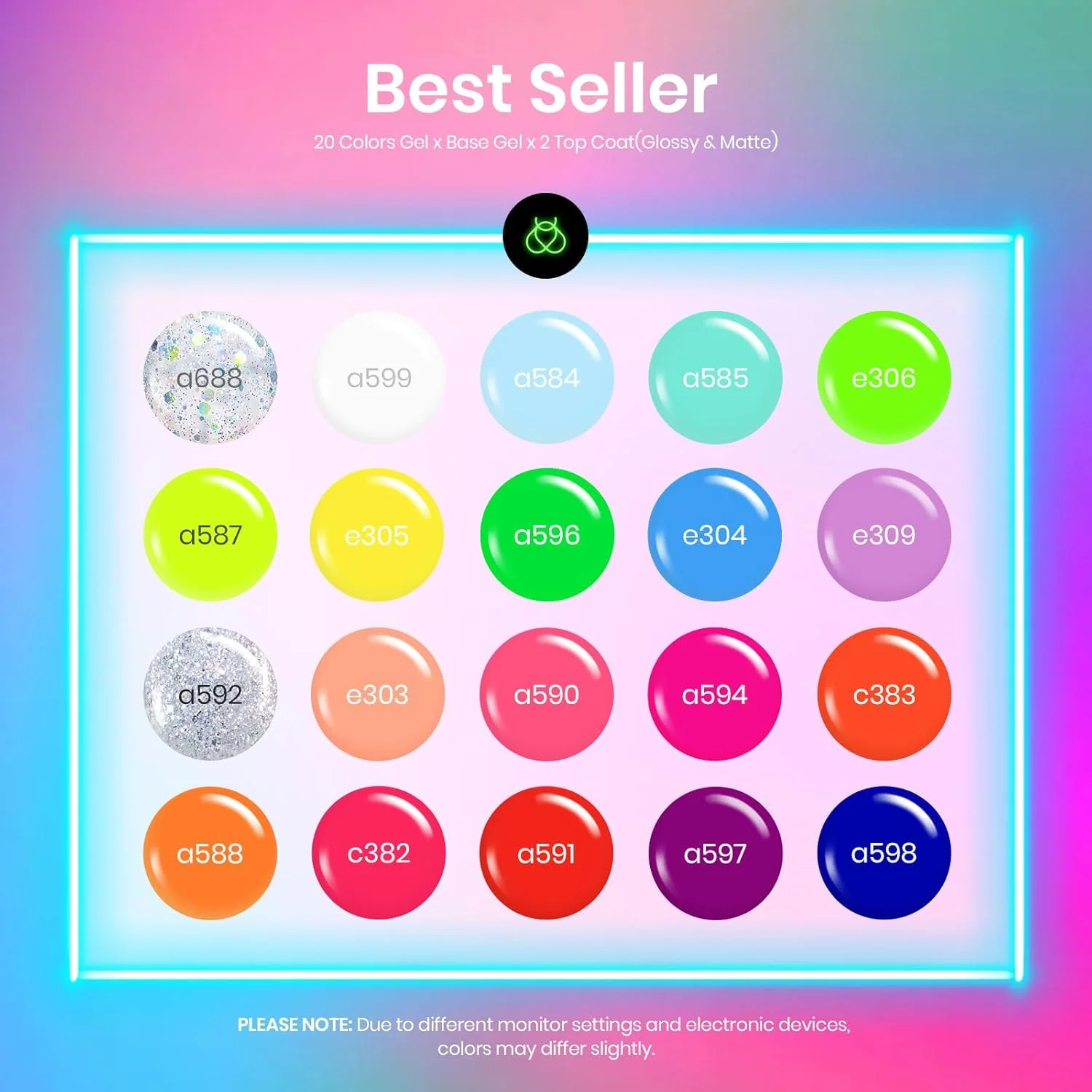 مجموعه لاک ژل بیترلز 23 عددی، شامل لاک ژل ناخن نئونی با 3 عدد لاک پایه و تاپ کت، رنگ های نارنجی، آبی، صورتی چرک، سرخابی، لیمویی و سبز، مناسب طراحی ناخن با دستگاه UV، هدیه روز ولنتاین