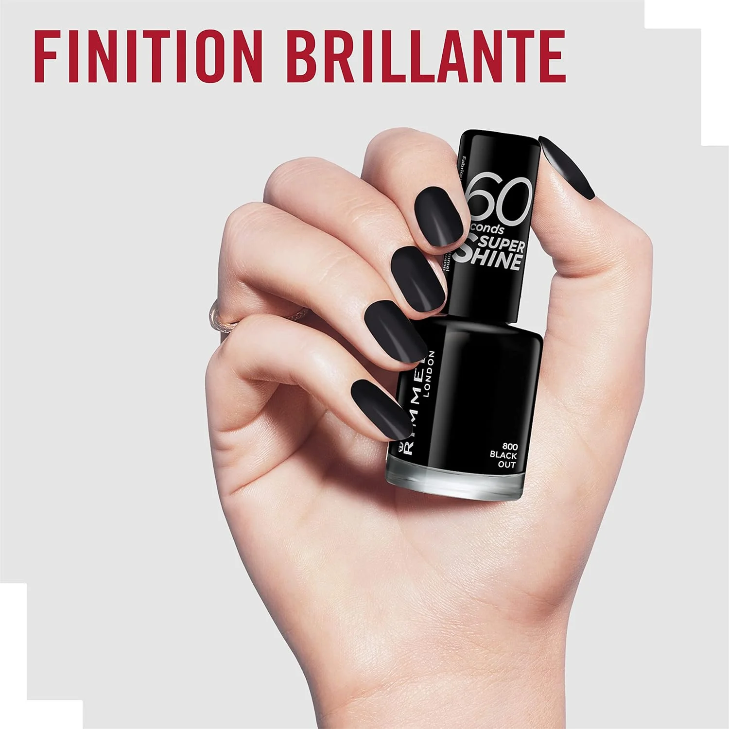 لاک ناخن سوپر شاین 60 ثانیه ای ریمل لاندن - خشک شدن سریع - مقاوم در برابر لب پر شدن و محو شدن، ماندگاری تا 10 روز - استفاده دقیق در یک حرکت - 900 مشکی ریتا، 8 میلی لیتر