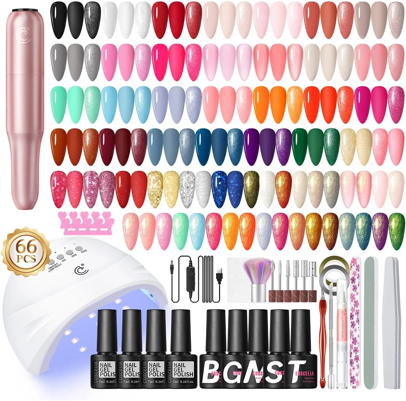 ست لاک ژل ۶۶ تکه کاسلیا با دستگاه یو وی و دریل، شامل ۳۵ رنگ لاک ژل پاییزی، ۵ عدد لاک پایه و تاپ کت، لوازم طراحی ناخن، ست مانیکور ژل فرانسوی، هدیه برای بانوان، مناسب استفاده در منزل