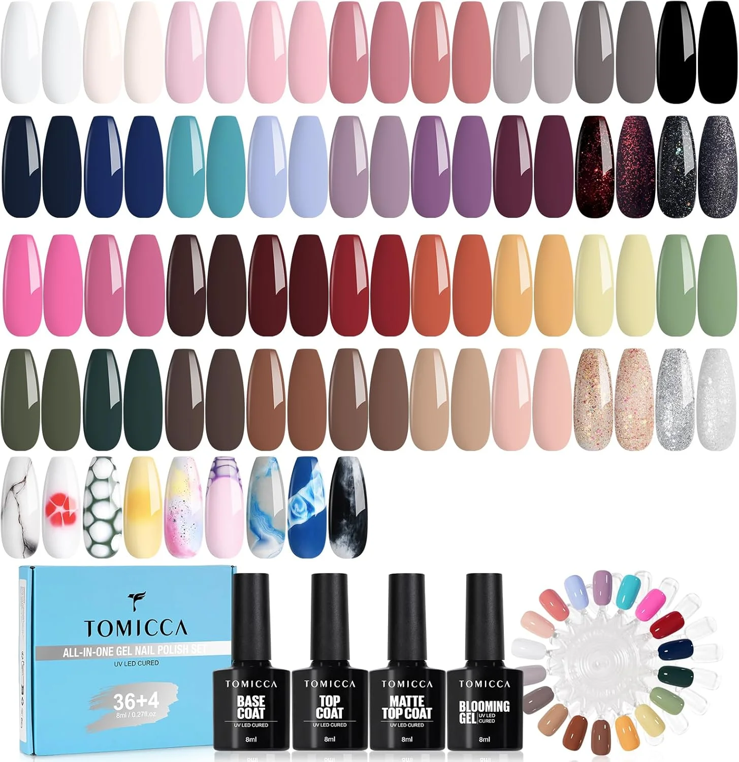 ست لاک ژل لوکس 40 عددی TOMICCA - 36 رنگ + 4 لاک پایه/رویه و ژل بلومینگ | 2 عدد تیپ نمایش برای استودیوهای ناخن و DIY خانگی، کیت رنگ های طبیعی
