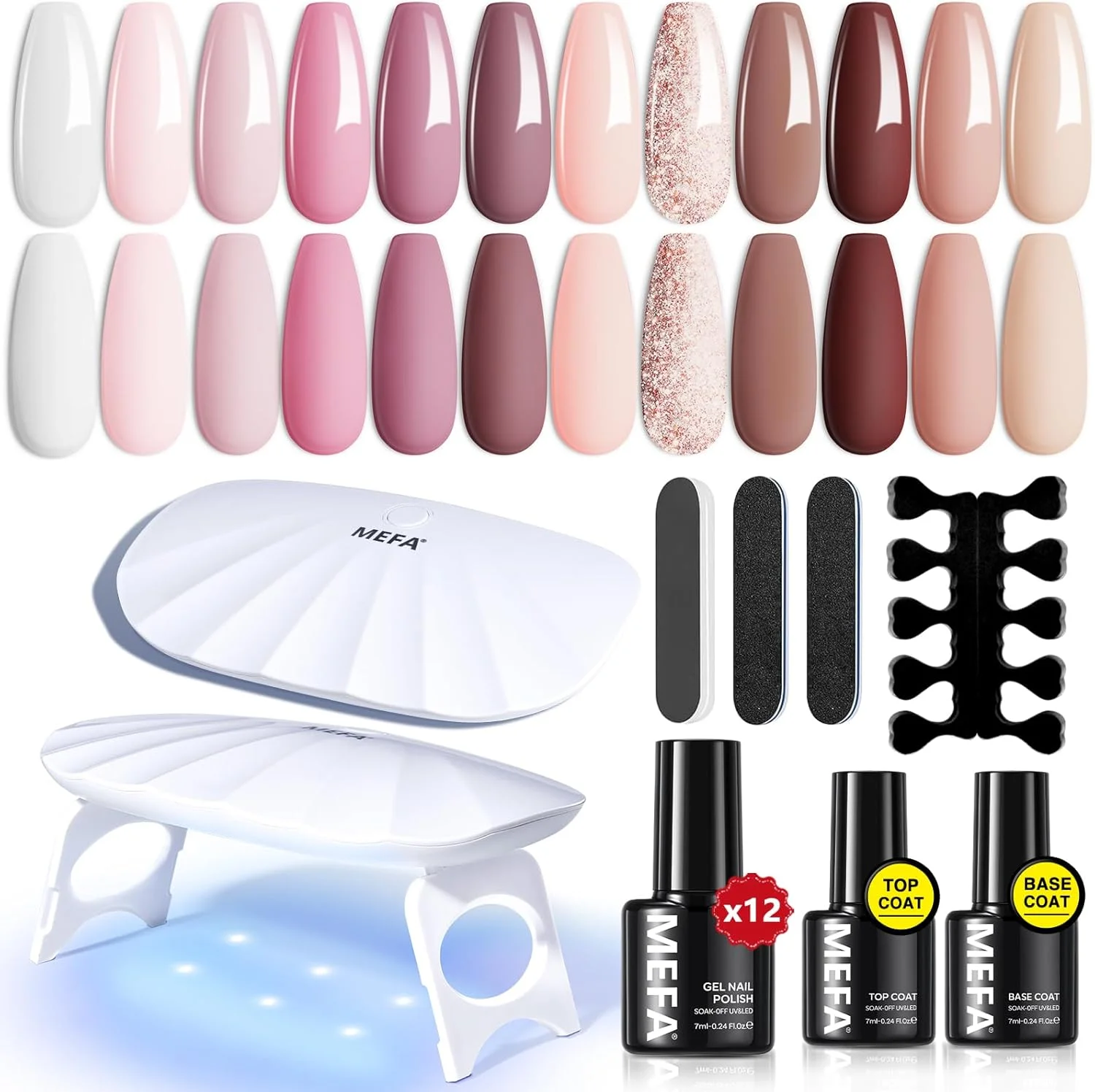 ست لاک ژل 19 تکه MEFA با دستگاه یو وی، 12 رنگ لاک ژل در تمام فصول، سفید شیری و نود، همراه با بیس کت، تاپ کت و ابزار مانیکور ضروری برای مبتدیان، مناسب طراحی ناخن در خانه و سالن