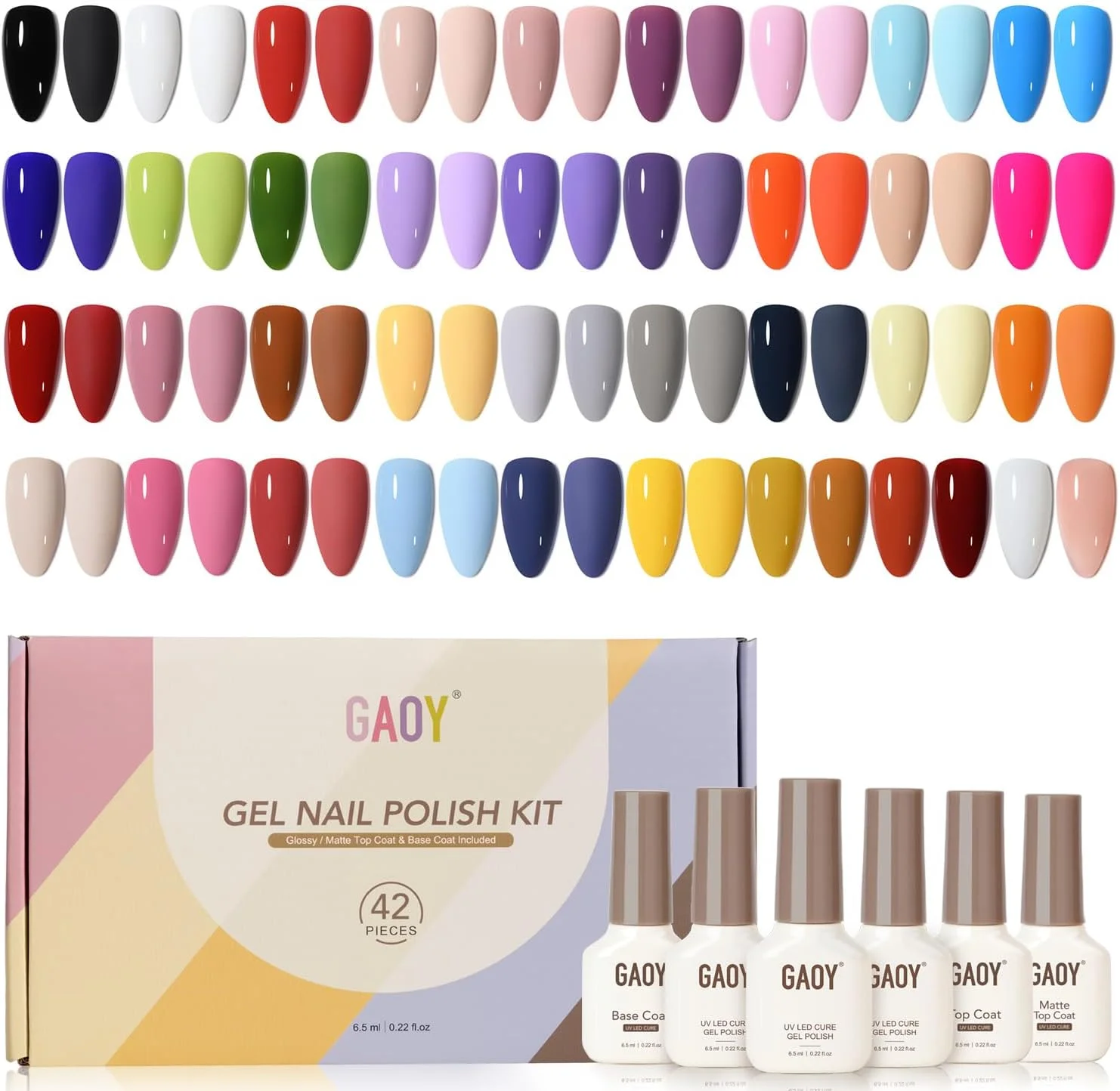 مجموعه لاک ژل ۴۲ عددی GAOY، رنگ های صورتی، سفید، قرمز، ژله ای و رنگ های خنثی مناسب تمام فصول، به همراه تاپ کت براق و مات و بیس کت برای استفاده در سالن و مانیکور در خانه