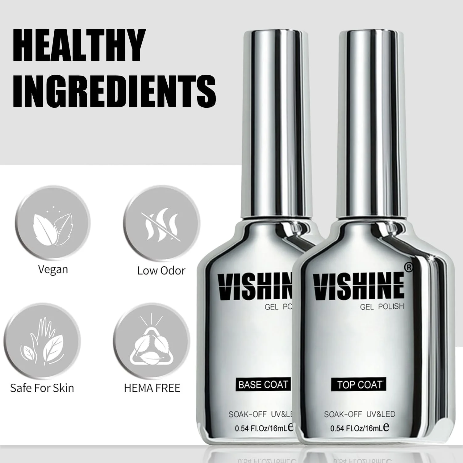 ویشین، ست دو عددی لاک ژل بیس کت و تاپ کت 15 میلی لیتری، بدون نیاز به پاک کردن، براق و بادوام، مقاوم در برابر ساییدگی، قابل برداشتن با خیساندن، مناسب برای استفاده در منزل و سالن های آرایشی