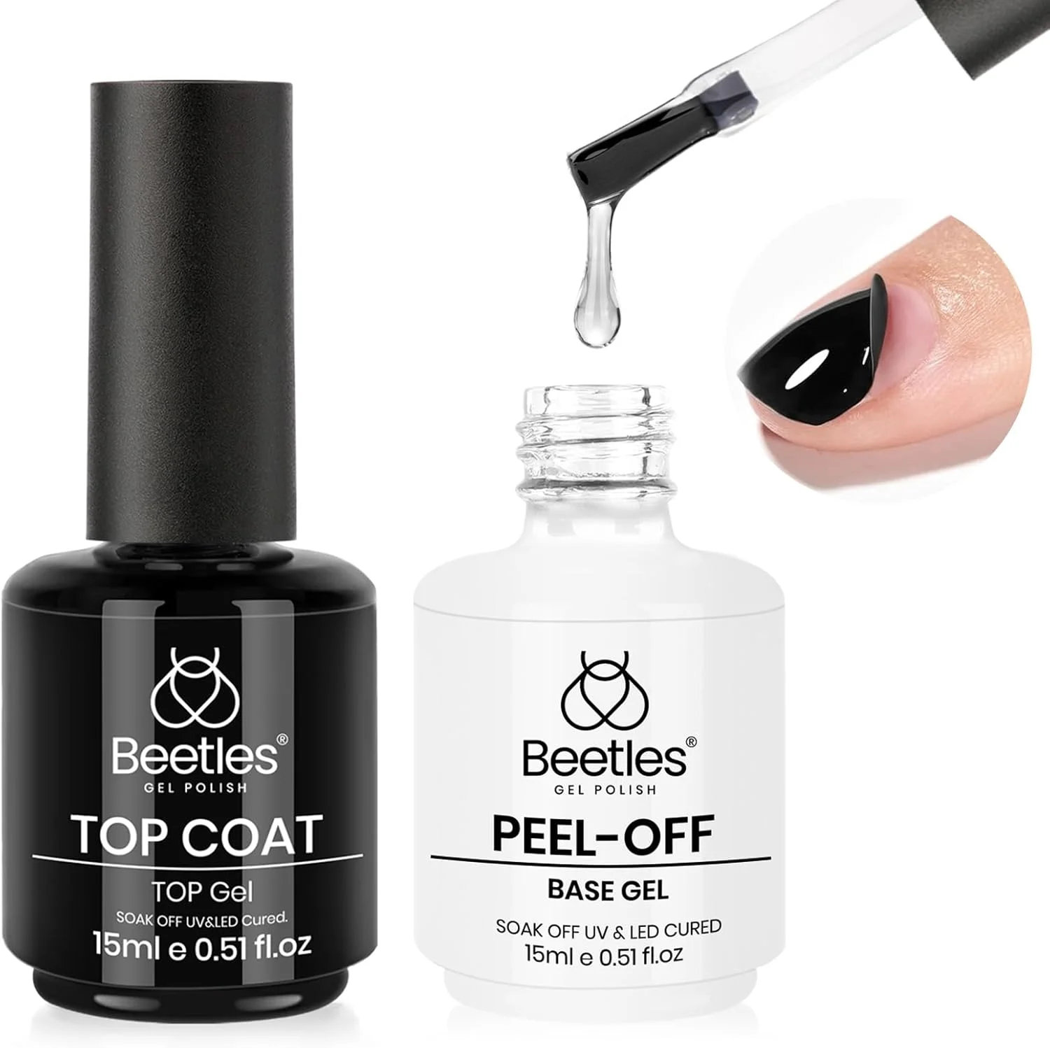 ست لاک ژل پایه و رویه جداشدنی Beetles، ۲ عدد ۱۵ میلی لیتر ژل پایه و رویه جداشدنی، جدا کردن آسان، لاک ژل جداشدنی بدون آسیب برای ناخن های ضعیف و نازک