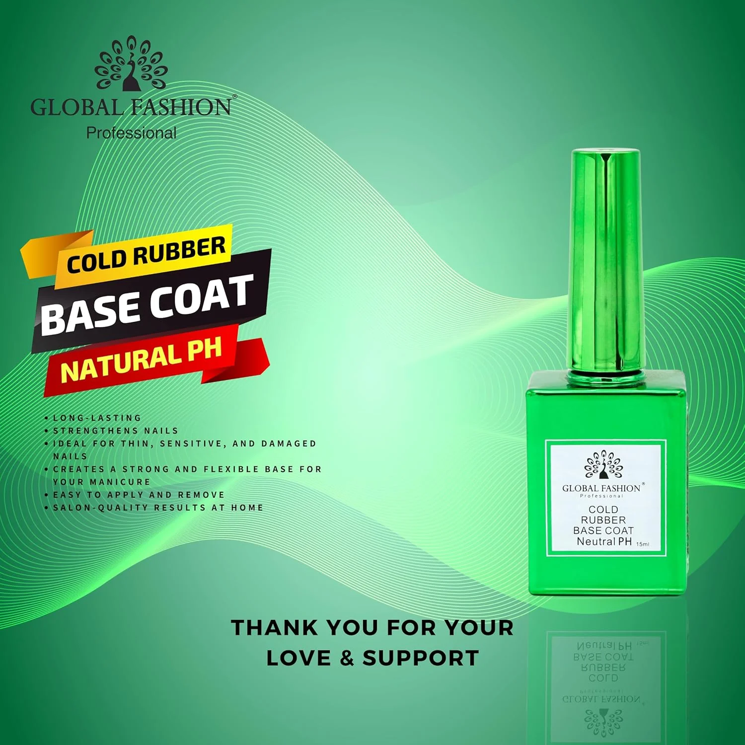 لایه پایه رابر شفاف حرفه ای گلوبال فشن - لاک ژل خیساندنی UV/LED، چسبندگی قوی، انعطاف پذیر و ماندگار، فرمول تقویت کننده ناخن (پایه رابر سرد با PH خنثی، 15 میلی لیتر)