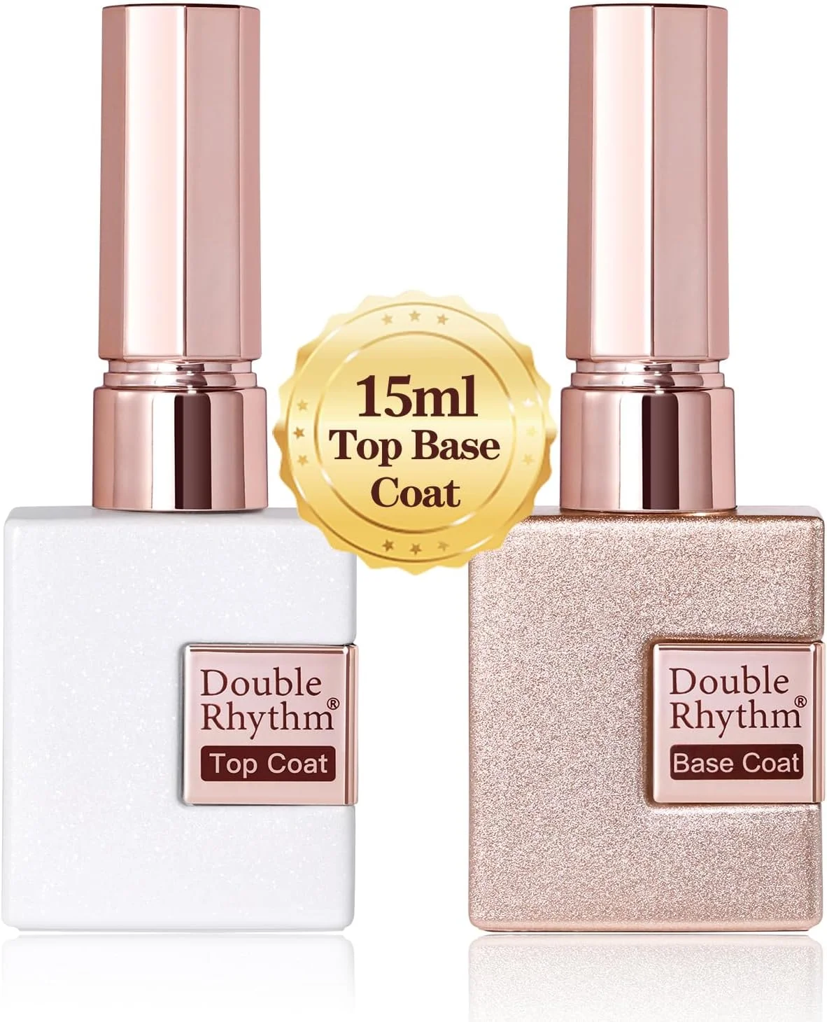 ست لاک ژل دو عددی Double Rhythm، شامل یک لایه بیس کت و یک لایه تاپ کت، حجم 15 میلی لیتر، بدون نیاز به پاک کردن، براق و شفاف، قابل استفاده با دستگاه UV LED