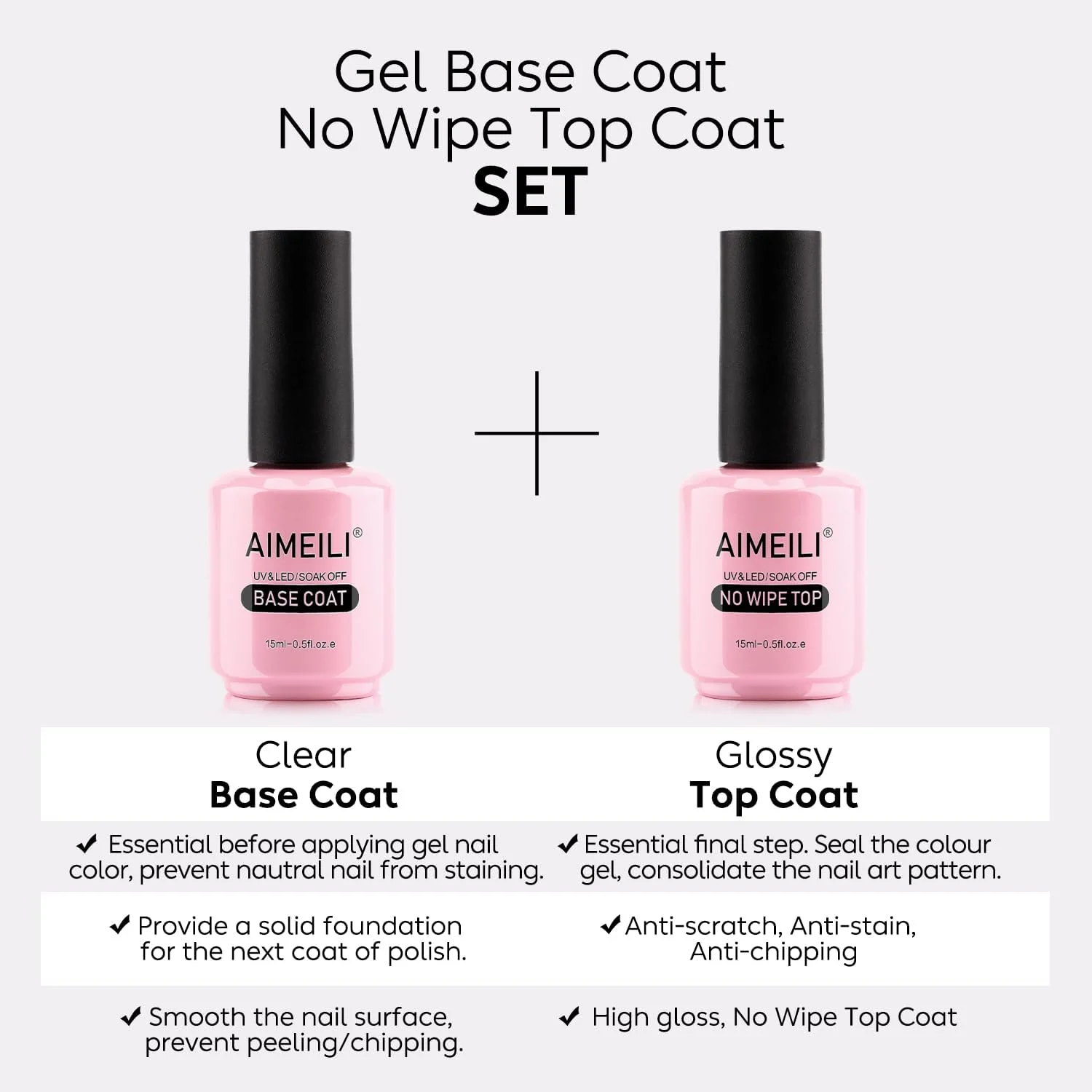 لاک ژل ناخن بادوام AIMEILI، بدون Hema، یو وی LED، بدون تست حیوانی، وگان، با روکش براق، ست تاپ کت و بیس کت بدون نیاز به تمیز کردن - 2 عدد 15 میلی لیتری