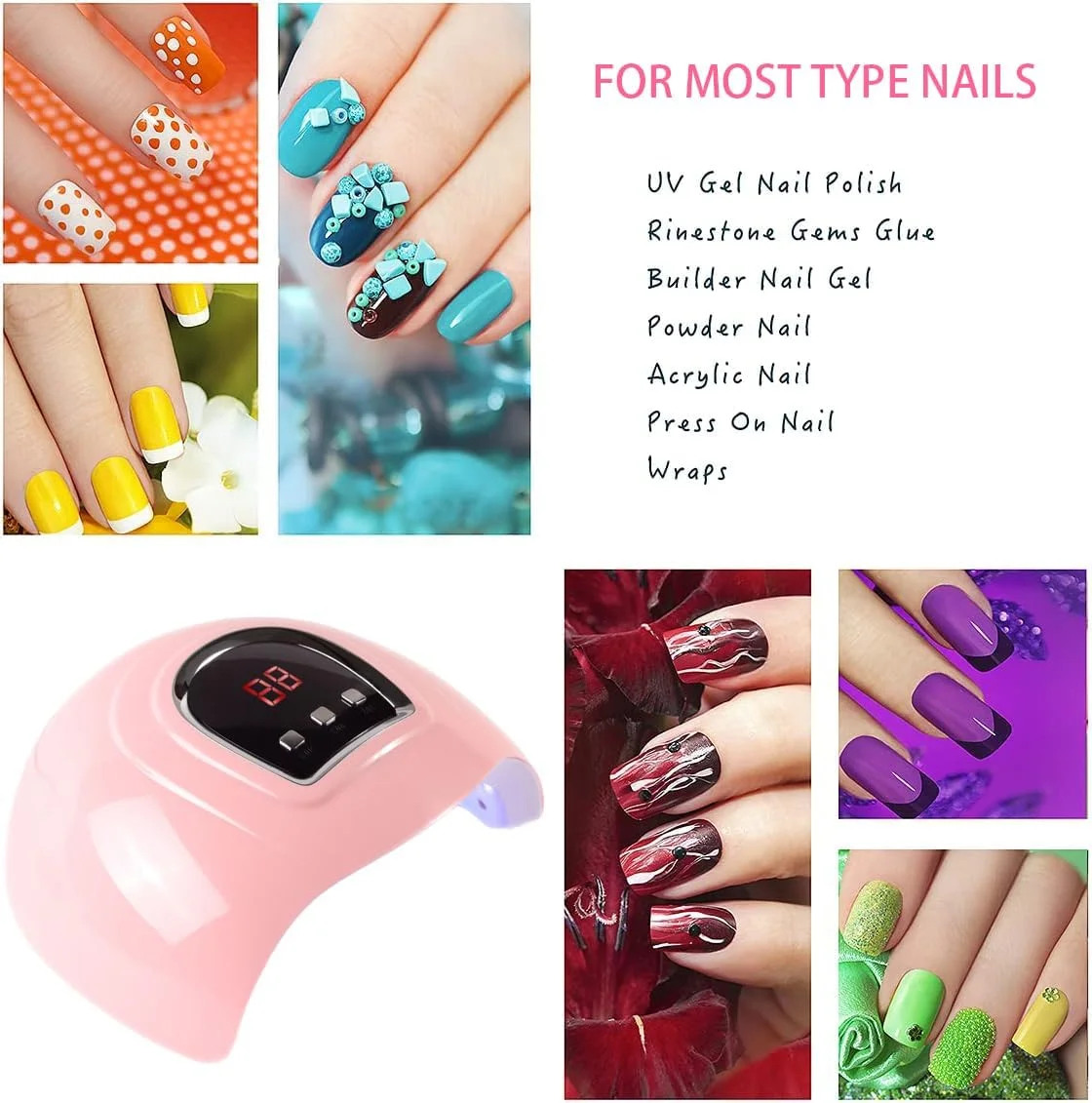 دستگاه خشک کن لاک ژل ناخن LED حرفه ای، 54 وات UV LED، ابزار خشک کننده برای لاک ناخن و طراحی ناخن، با 3 تنظیم تایمر، صورتی