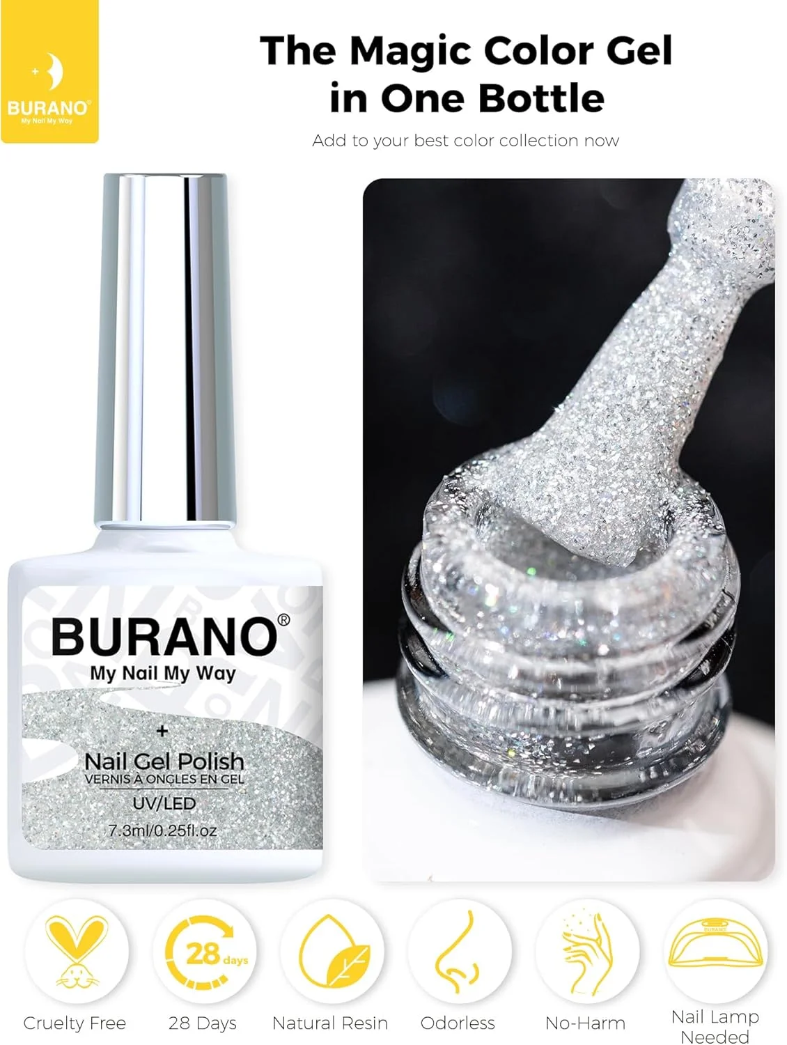 لاک ناخن اکلیلی UV بورانو، ۷.۳ میلی لیتر ژل ناخن بازتابنده اکلیلی UV، لاک ناخن نقره ای اکلیلی، لاک ناخن LED ژل هولوگرافیک، نیاز به خشک شدن با ژل ناخن S6