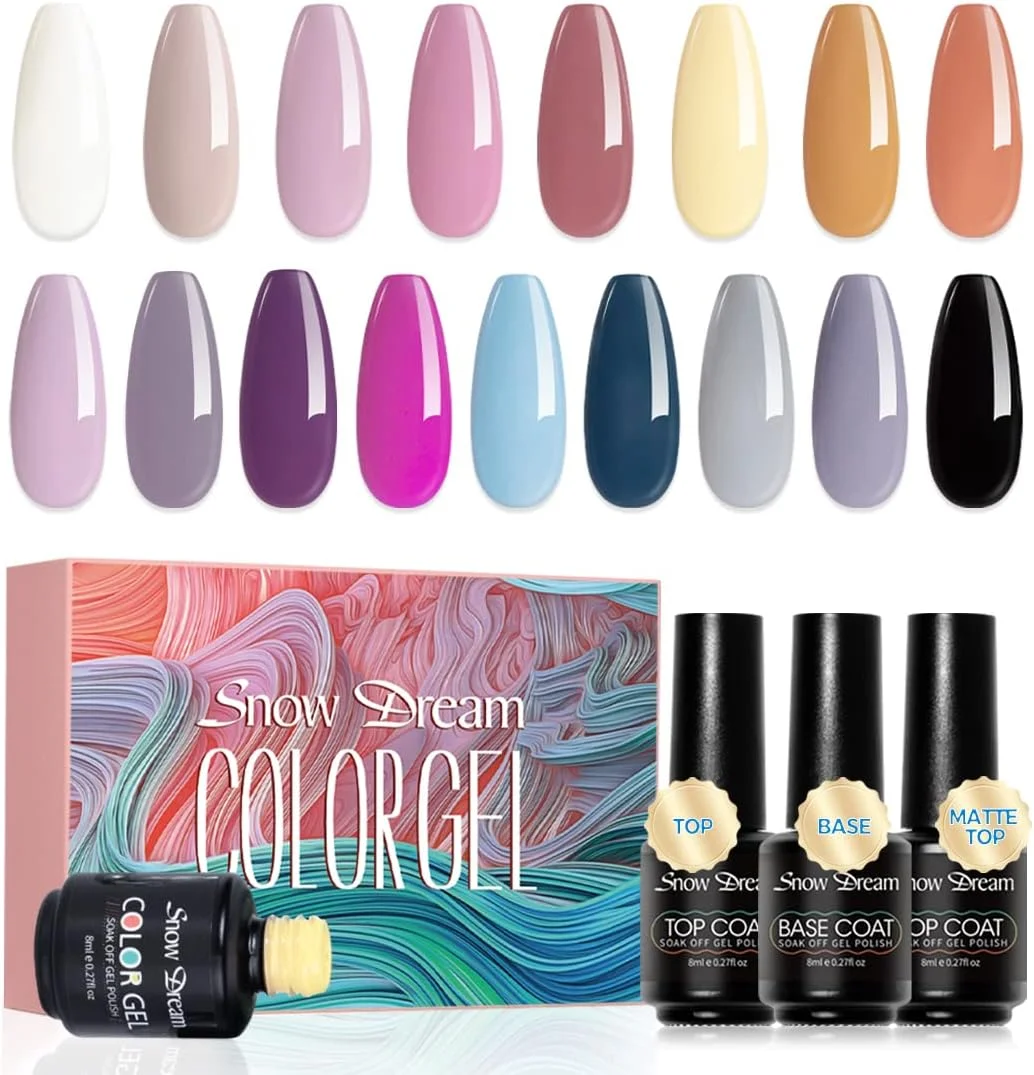 ست لاک ژل ناخن، 17 رنگ مجموعه بهاری، رنگ های نارنجی، آبی و مشکی به همراه 3 عدد بیس کت و تاپ کت برای طراحی ناخن.