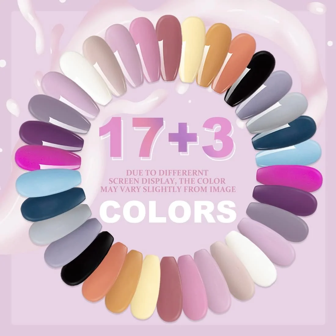 ست لاک ژل ناخن، 17 رنگ مجموعه بهاری، رنگ های نارنجی، آبی و مشکی به همراه 3 عدد بیس کت و تاپ کت برای طراحی ناخن.