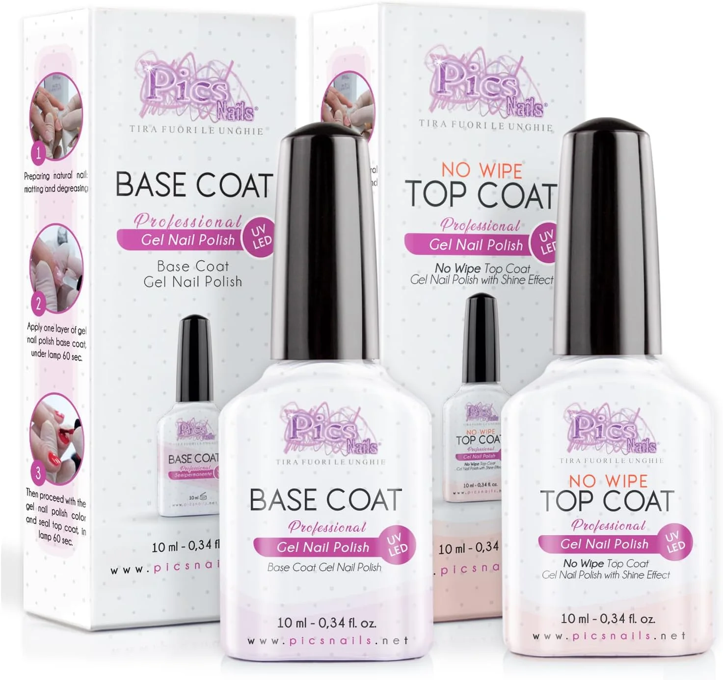 لاک پایه و روکش ناخن نیمه دائمی بدون نیاز به پاک کردن، خشک شدن با UV LED - 10 میلی لیتر - 2 عدد لاک پایه نیمه دائمی و روکش بدون نیاز به پاک کردن، پایه و مهر و موم براق برای ناخن