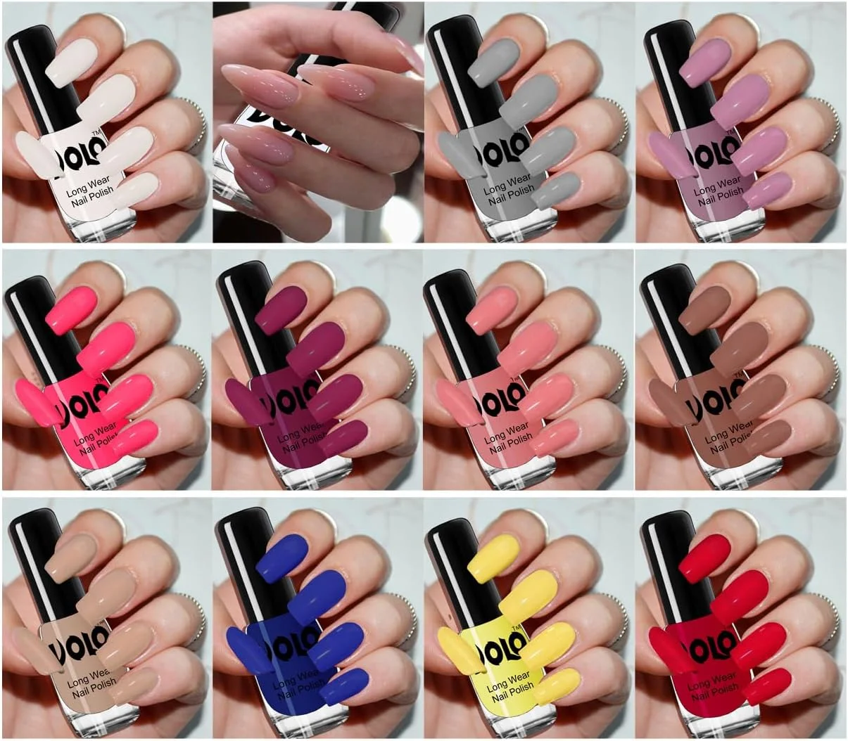 مجموعه لاک ناخن 12 عددی ولو با رنگ های غنی و بدون مواد مضر (سفید مات، پوشش براق کننده، خاکستری، بهاری رنگ های خنثی، صورتی اشتیاق، شرابی، آبنبات پنبه ای، خنثی تیره، خنثی، قرمز، زرد، آبی سلطنتی)