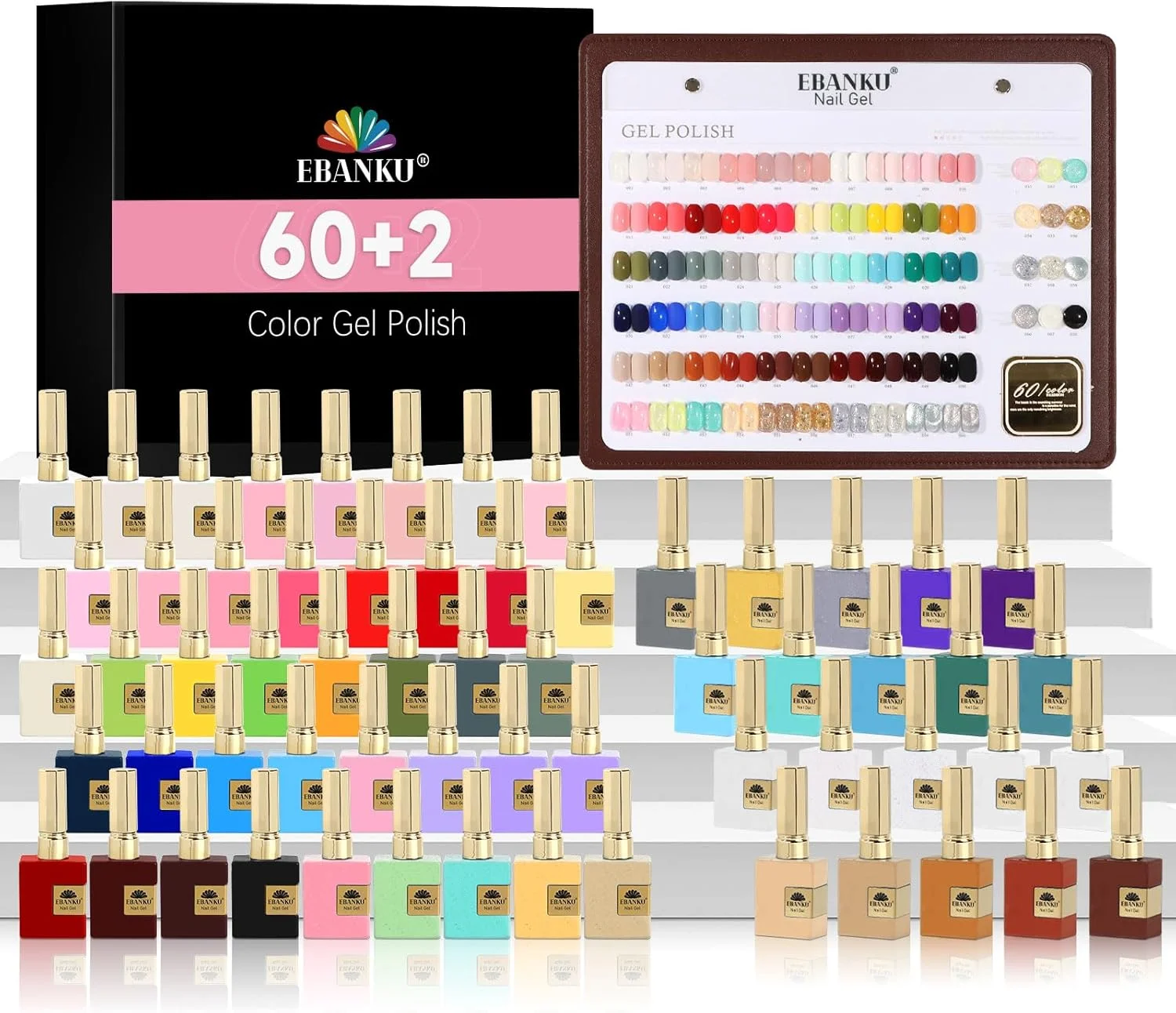 ست لاک ژل ۶۰ رنگ ایبانکو، لاک ژل UV با رنگ یکسان و شیشه یکسان، به همراه ۲ عدد ژل پایه و تاپ کت با ماندگاری طولانی برای مانیکور در خانه، هدیه کریسمس