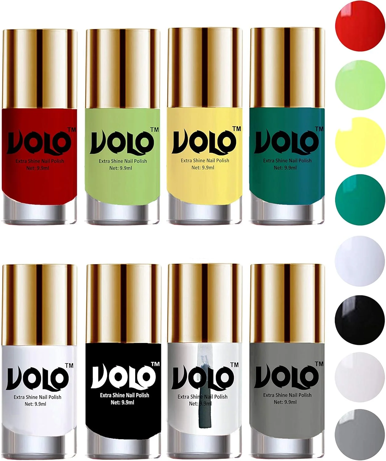 مجموعه لاک ناخن حرفه ای غیر سمی و بادوام Volo با درخشش بالا، 8 رنگ (نارنجی مایل به قرمز، سبز طوطی، زرد، سبز رادیوم، سفید مات، مشکی، تاپ کت براق و خاکستری)