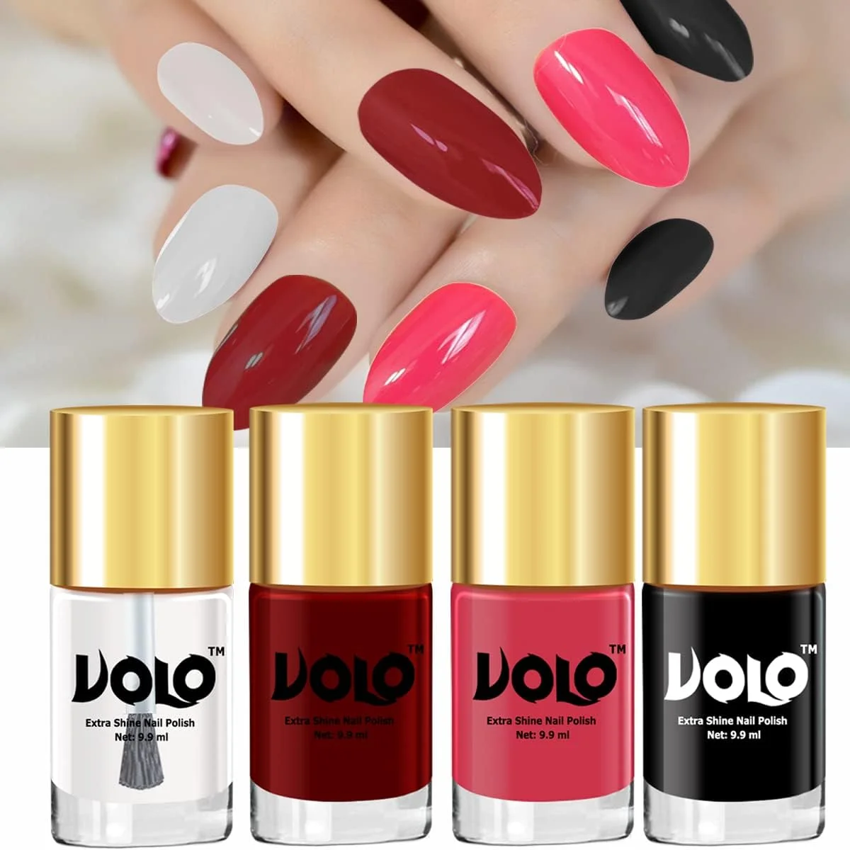 لاک ناخن براق و بادوام ولو شاین اکسپرت، 9.9 میلی لیتر، بسته 4 عددی (قرمز تیره، مشکی، صورتی روشن، لایه رویی براق کننده)