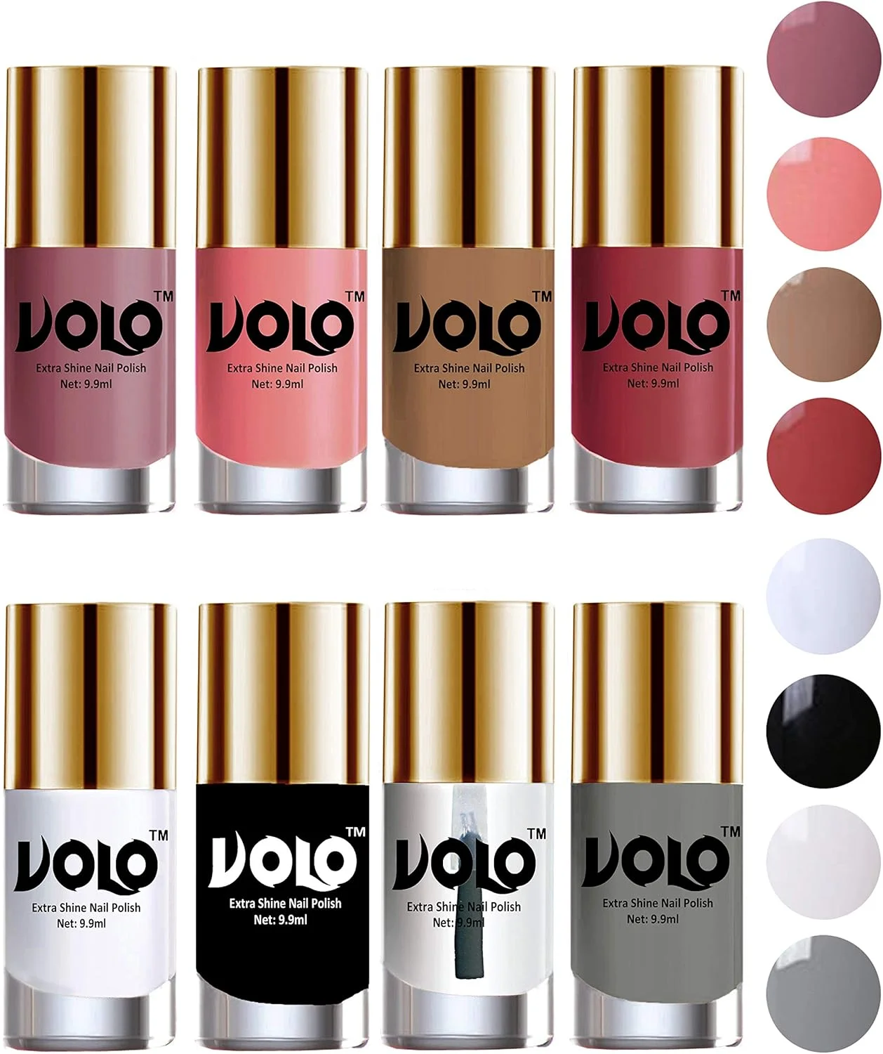 مجموعه لاک ناخن حرفه ای و بادوام Volo با درخشش بالا و بدون مواد سمی، 8 رنگ (بهاری، آب نبات پنبه ای، برهنه تیره، برنزه، سفید مات، مشکی، روکش براق و خاکستری)
