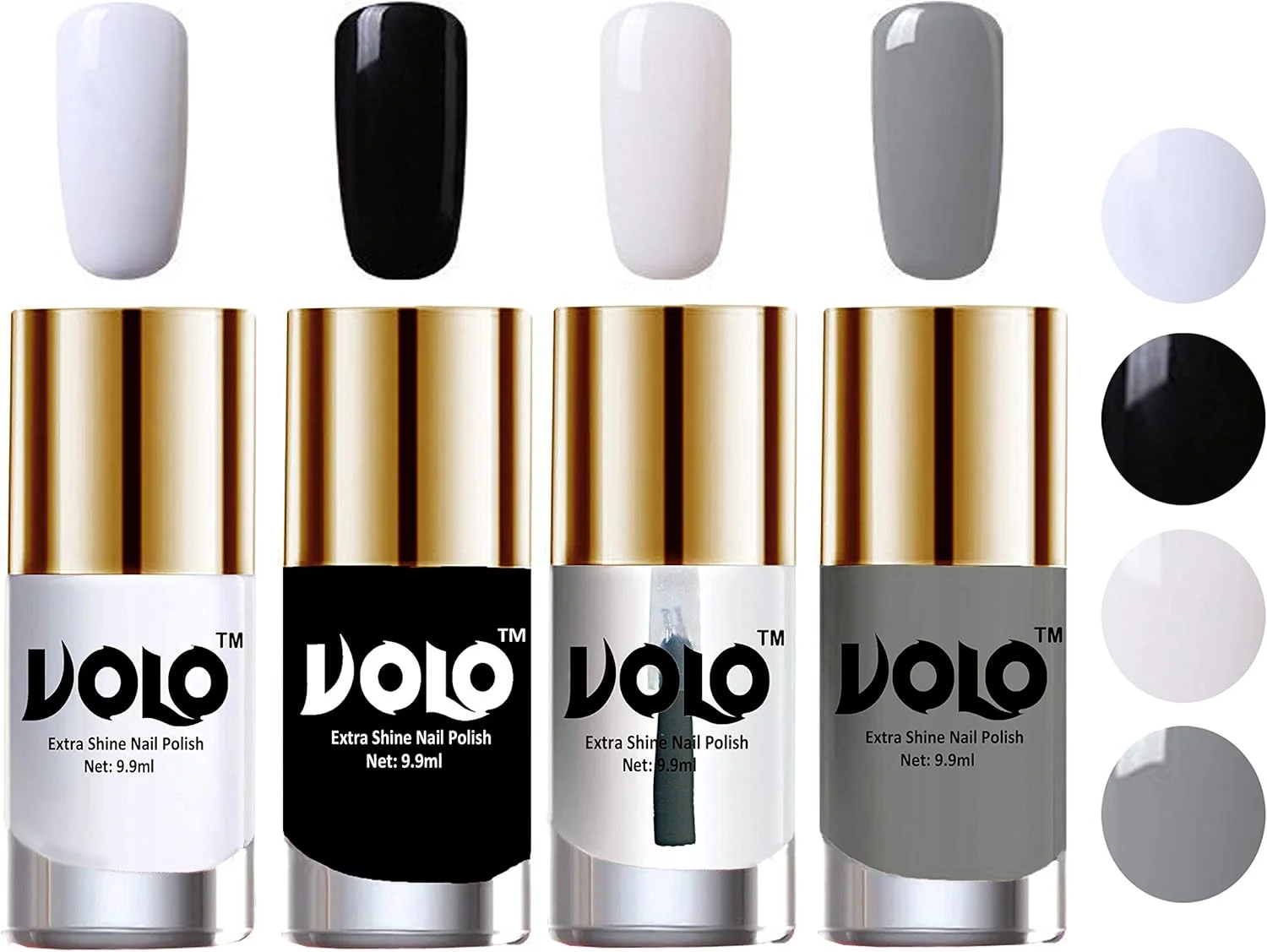 مجموعه لاک ناخن ولو (4 عدد) با درخشندگی بالا، صاف و بادوام، ترکیبی با درخشش فوق العاده (سفید مات، مشکی، تاپ کت براق و خاکستری)