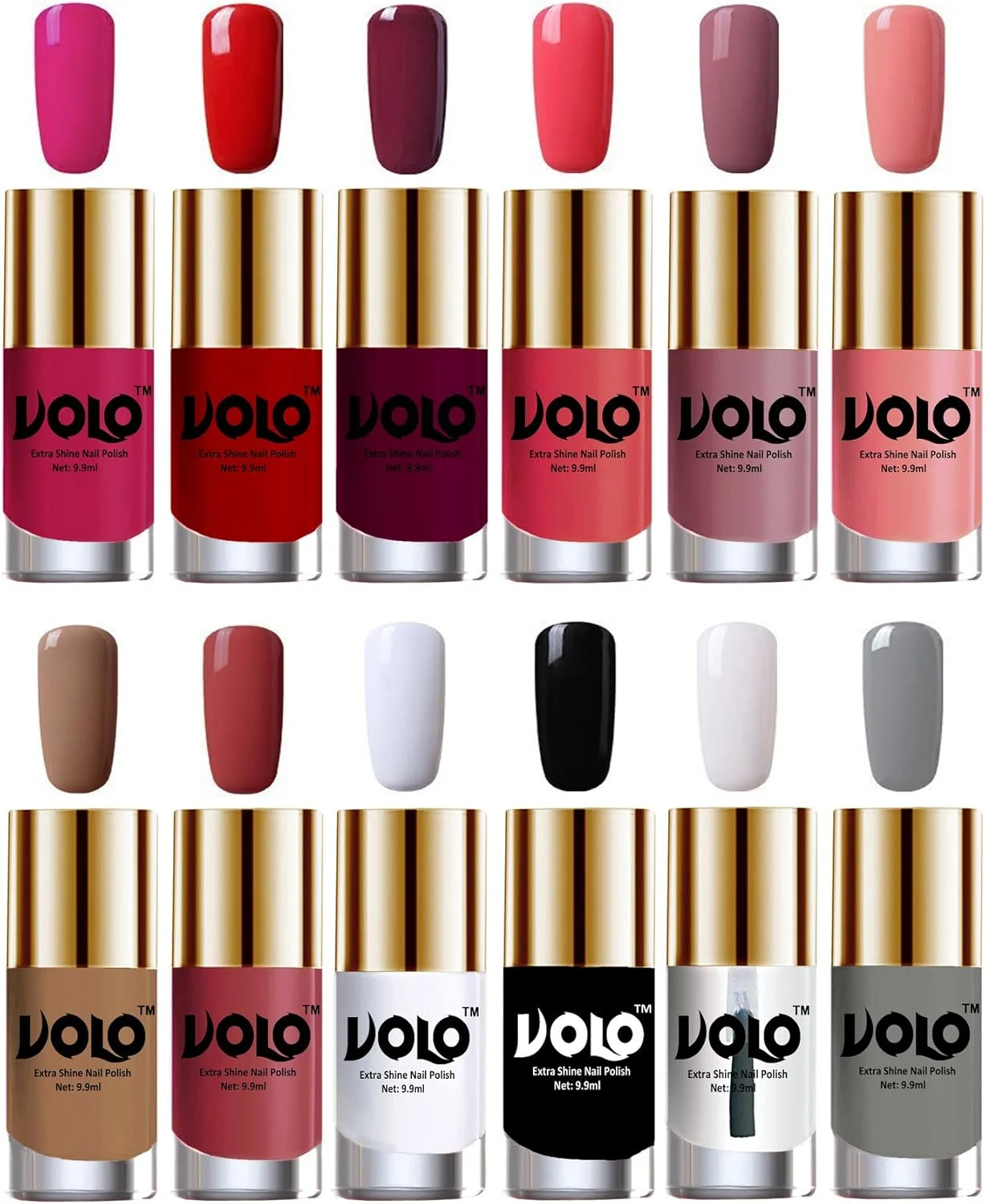 ست لاک ناخن درخشان و لوکس ولو با 12 رنگ زنده (صورتی پشن، قرمز، شرابی روشن، صورتی روشن، بهاری رنگ بدن، آبنبات پنبه ای، رنگ بدن تیره، برنزه، سفید مات، مشکی، تاپ کت براق کننده اضافی، خاکستری)