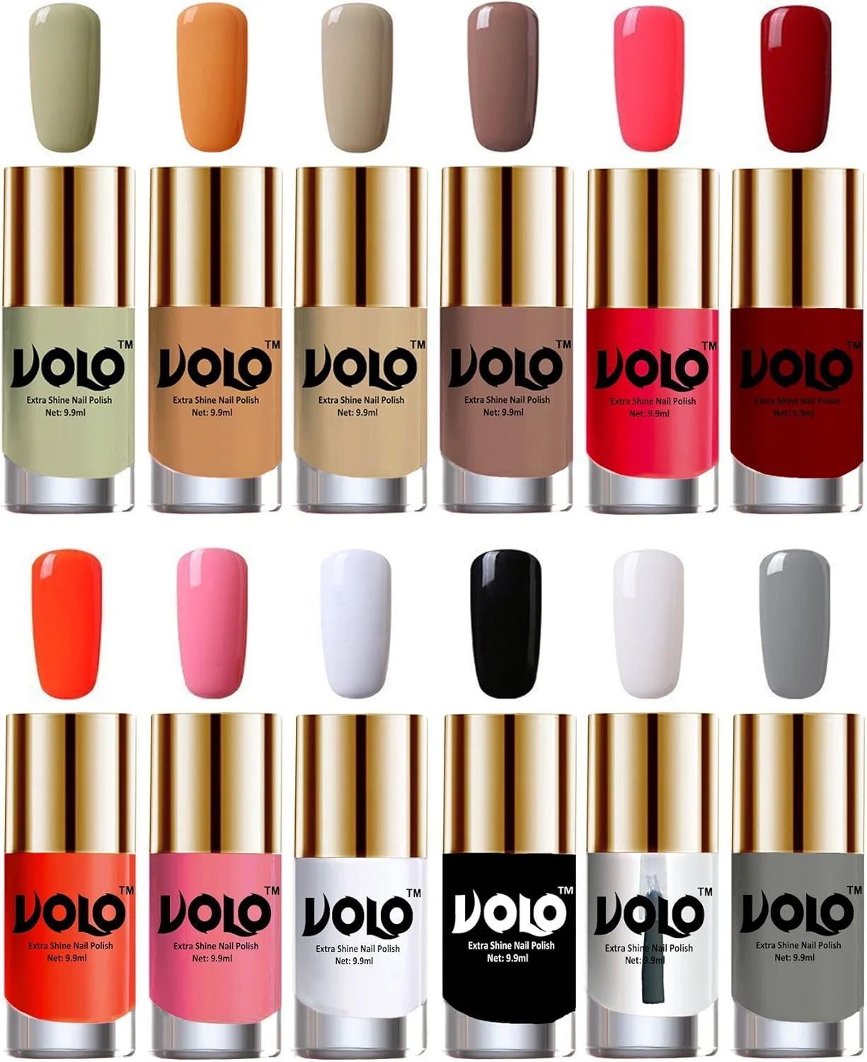 مجموعه لاک ناخن درخشان و لوکس ولو با 12 رنگ زنده (نعنایی بازیگوش، هلویی جذاب، هلویی، هلویی تیره، قرمز هویجی، قرمز، مرجانی، صورتی روشن، سفید مات، مشکی، لایه رویی براق کننده، طوسی)