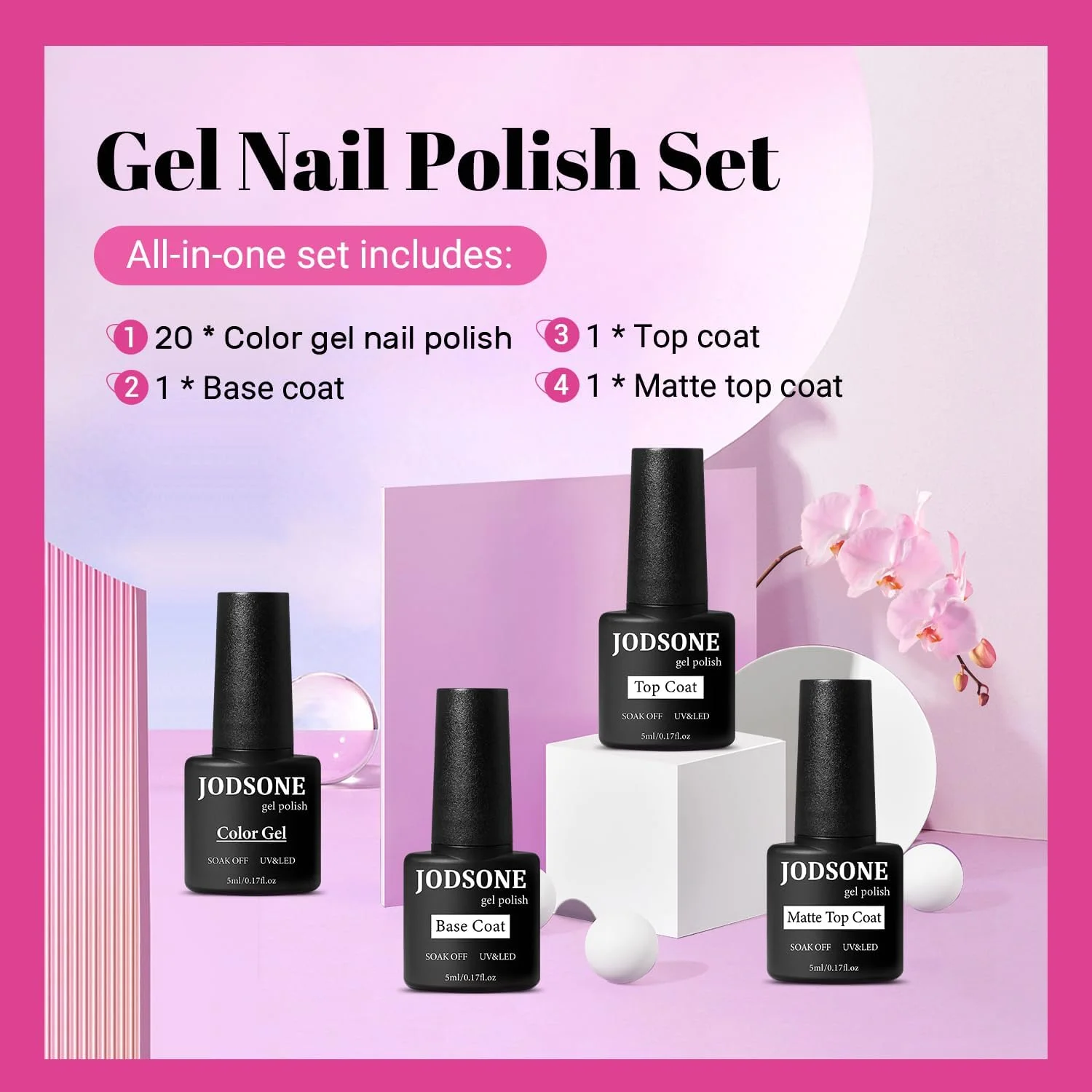 لاک ژل اکلیلی جادسون، ۲۳ تکه، همراه با بیس کت، تاپ کت مات و براق، رنگ های اکلیلی قرمز و صورتی، درخشش بالا و کیت لاک ژل ناخن فشن
