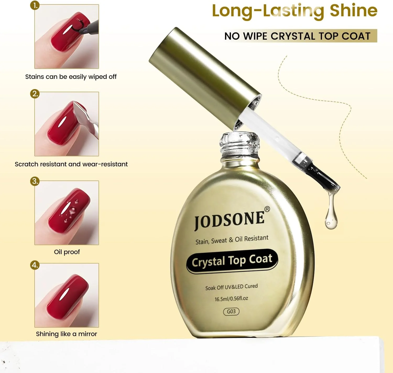 ژل تاپ کت مقاوم در برابر لک JODSONE - 16.5 میلی لیتر، بدون نیاز به تمیز کردن، تاپ کت کریستالی لاک ژل، ضد لک و براقیت طولانی مدت، مناسب برای دست های عرق کرده یا تماس با روغن/آب، نیاز به نور UV