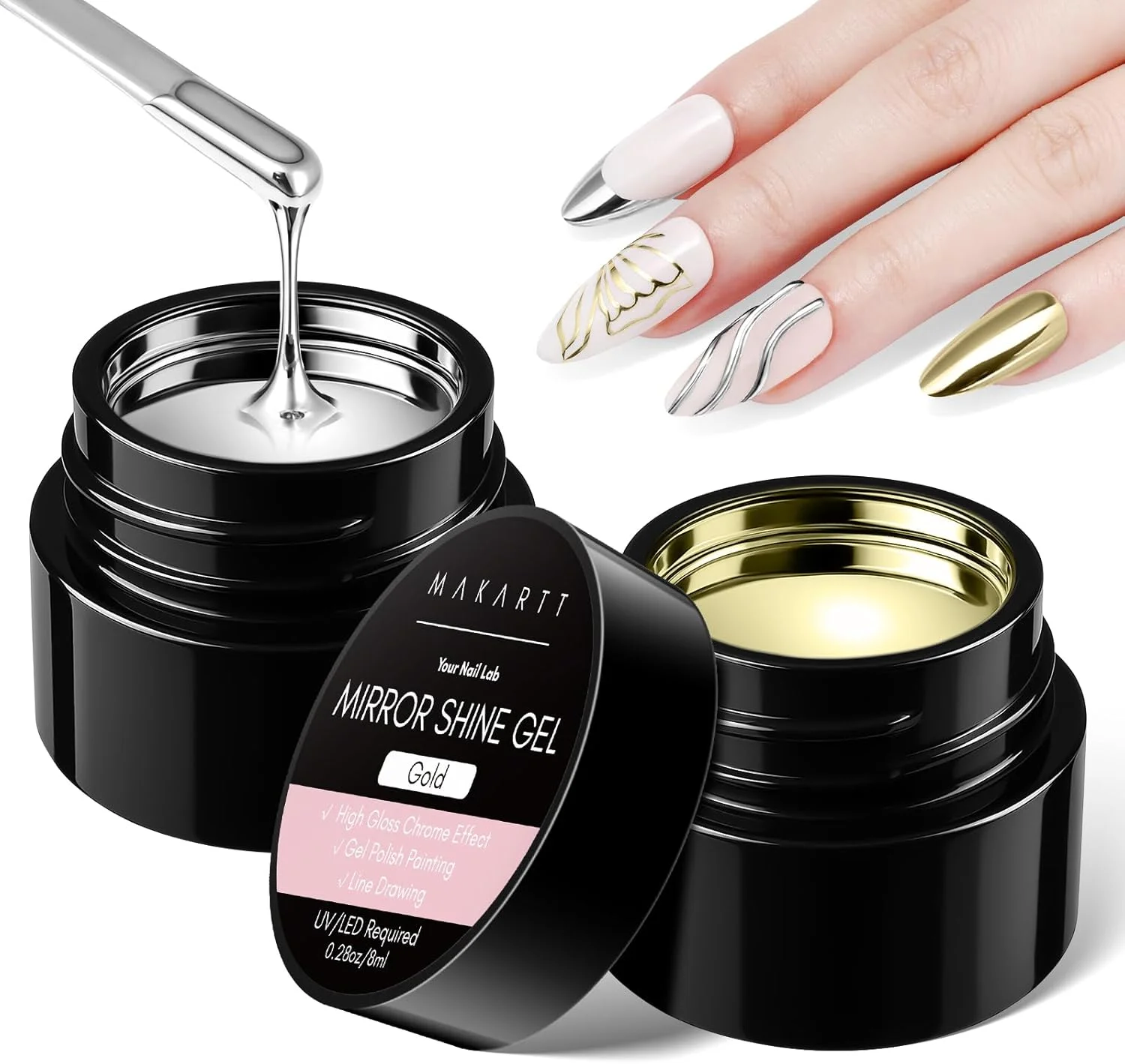 ست لاک ژل کروم Makartt: لاک ژل متالیک، ژل نقاشی فلزی سه بعدی نقره ای و طلایی برای طراحی ناخن، ژل چسب آینه ای براق UV/LED برای مانیکور DIY سالن خانگی (2 عدد)