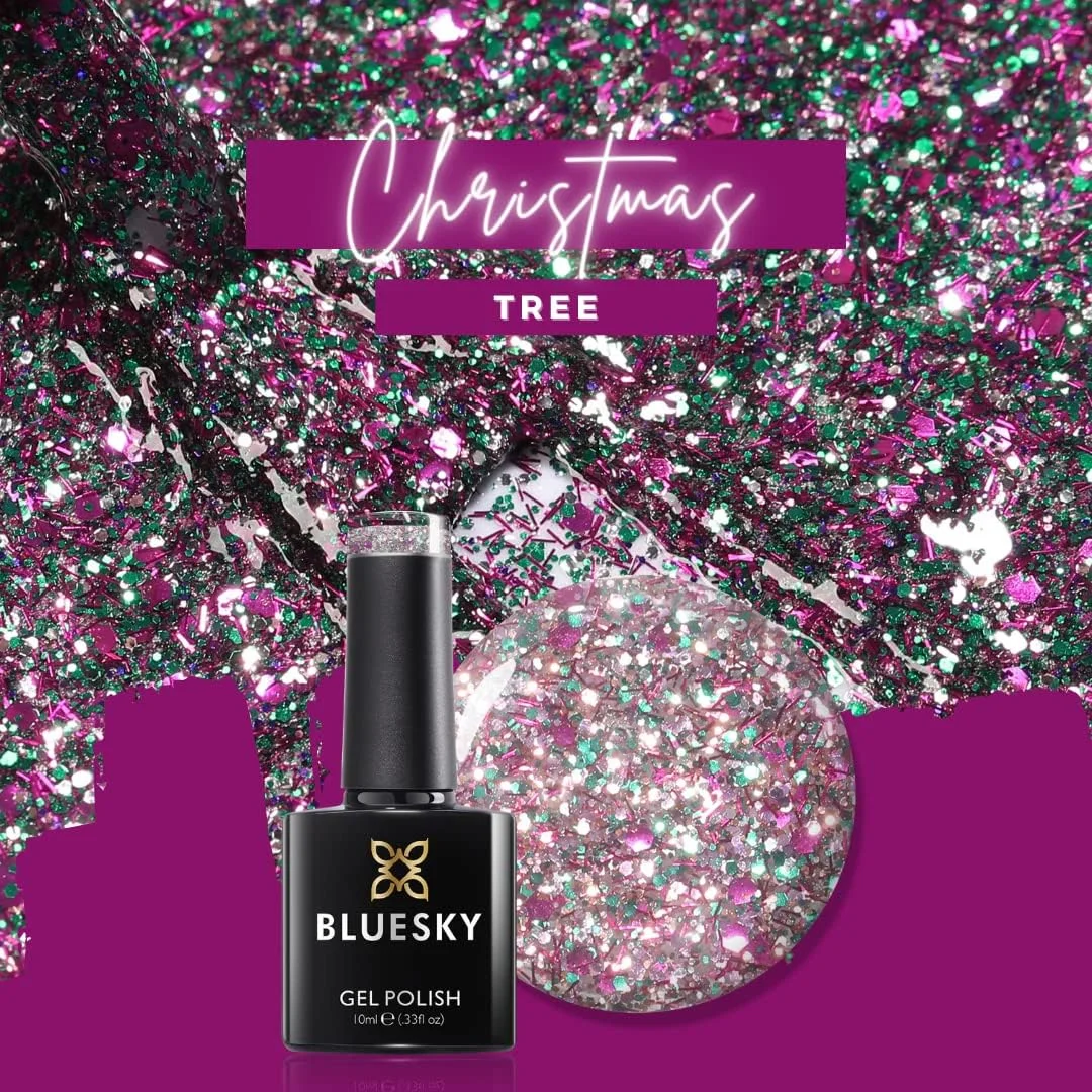 لاک ژل بلوسکی، درخت کریسمس، لاک ژل چند اکلیلی، 10 میلی لیتر، صورتی، بنفش، سبز نقره ای، نیاز به خشک شدن زیر لامپ UV LED