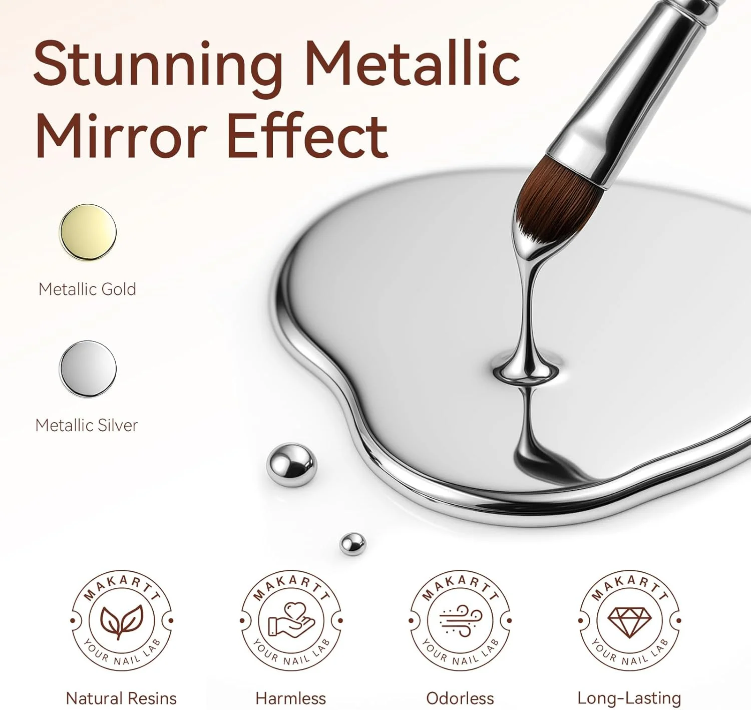 ست لاک ژل کروم Makartt: لاک ژل متالیک، ژل نقاشی فلزی سه بعدی نقره ای و طلایی برای طراحی ناخن، ژل چسب آینه ای براق UV/LED برای مانیکور DIY سالن خانگی (2 عدد)