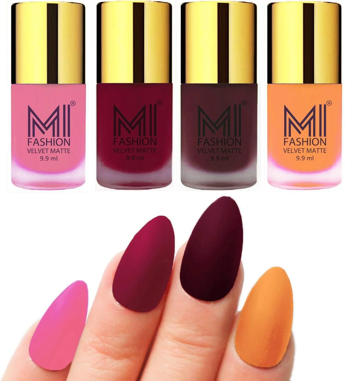 ست لاک ناخن مات مخملی ام آی فشن، صورتی پاستیلی، بنفش مایل به خاکستری، قهوه ای زیتونی، نارنجی زعفرانی، 9.9 میلی لیتر (مجموعه 4 عددی)