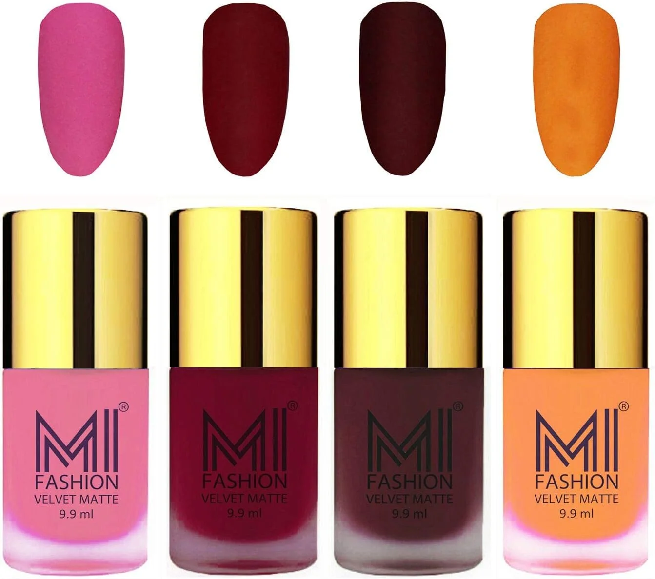 ست لاک ناخن مات مخملی ام آی فشن، صورتی پاستیلی، بنفش مایل به خاکستری، قهوه ای زیتونی، نارنجی زعفرانی، 9.9 میلی لیتر (مجموعه 4 عددی)
