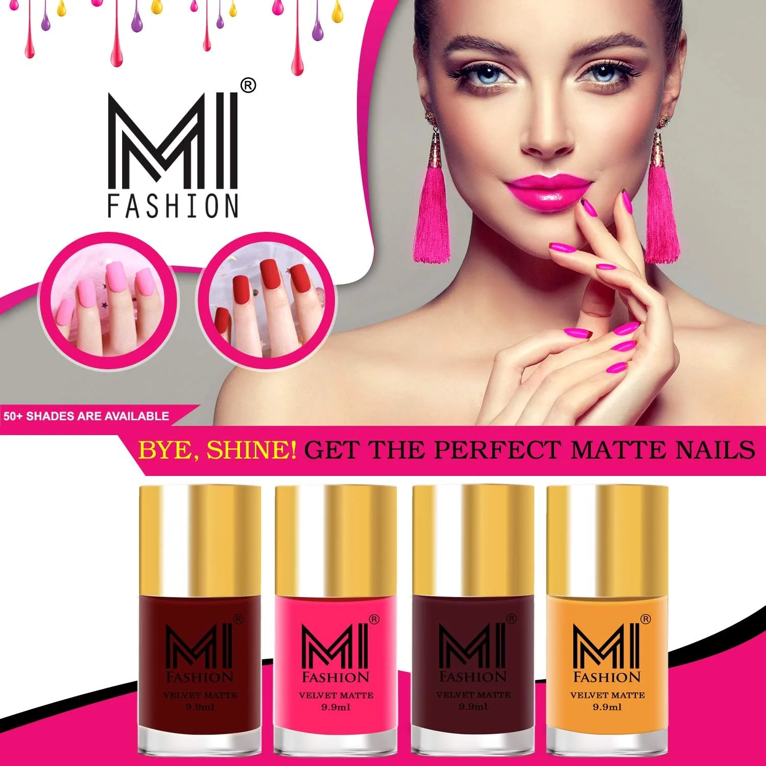 ست لاک ناخن مخملی مات MI FASHION قرمز، صورتی نئون، مشکی، آبی آسمانی 9.9 میلی لیتر (مجموعه 4 عددی)