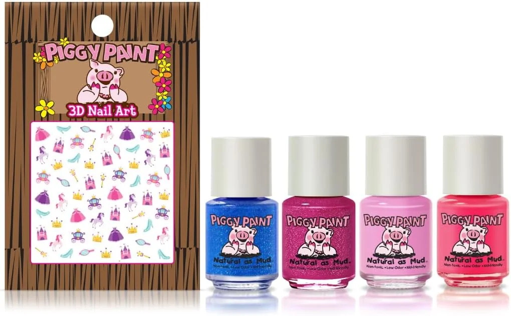 لاک ناخن دخترانه پیگی پینت | 100% غیر سمی | ایمن، بدون تست حیوانی، وگان و کم بو برای کودکان | مجموعه هدیه تاج های کوچک (4 لاک + طراحی ناخن)