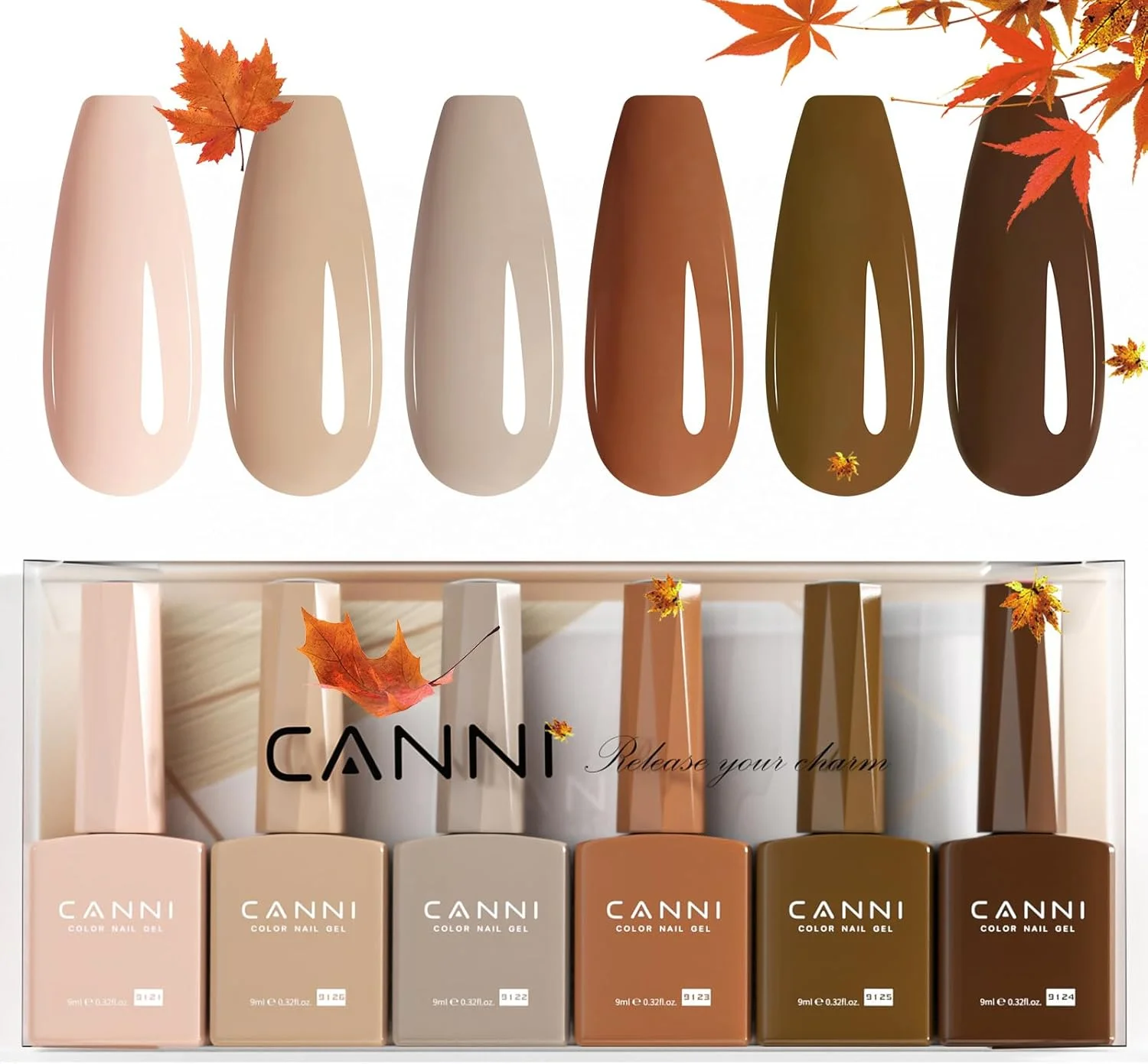 ست لاک ژل 6 عددی CANNI، رنگ های قهوه ای نود پاییزی، 9 میلی لیتر - کیت لاک ژل رنگ های پاییزی قهوه ای تیره، مناسب برای استفاده شخصی در منزل، هدیه کریسمس و سال نو برای دختران