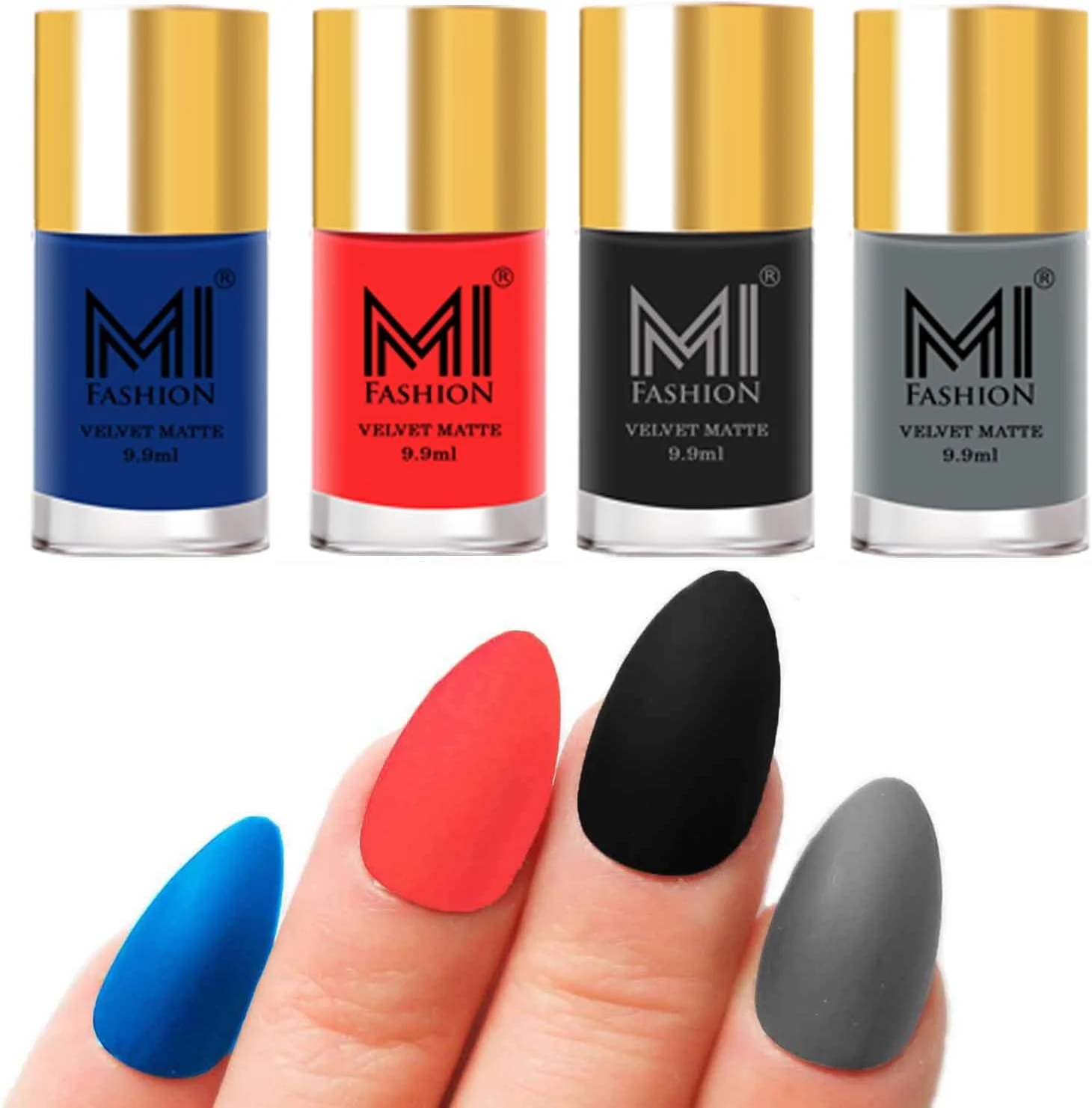 مجموعه لاک ناخن مات مخملی ام آی فشن - سرمه ای، نارنجی نئون، مشکی، خاکستری