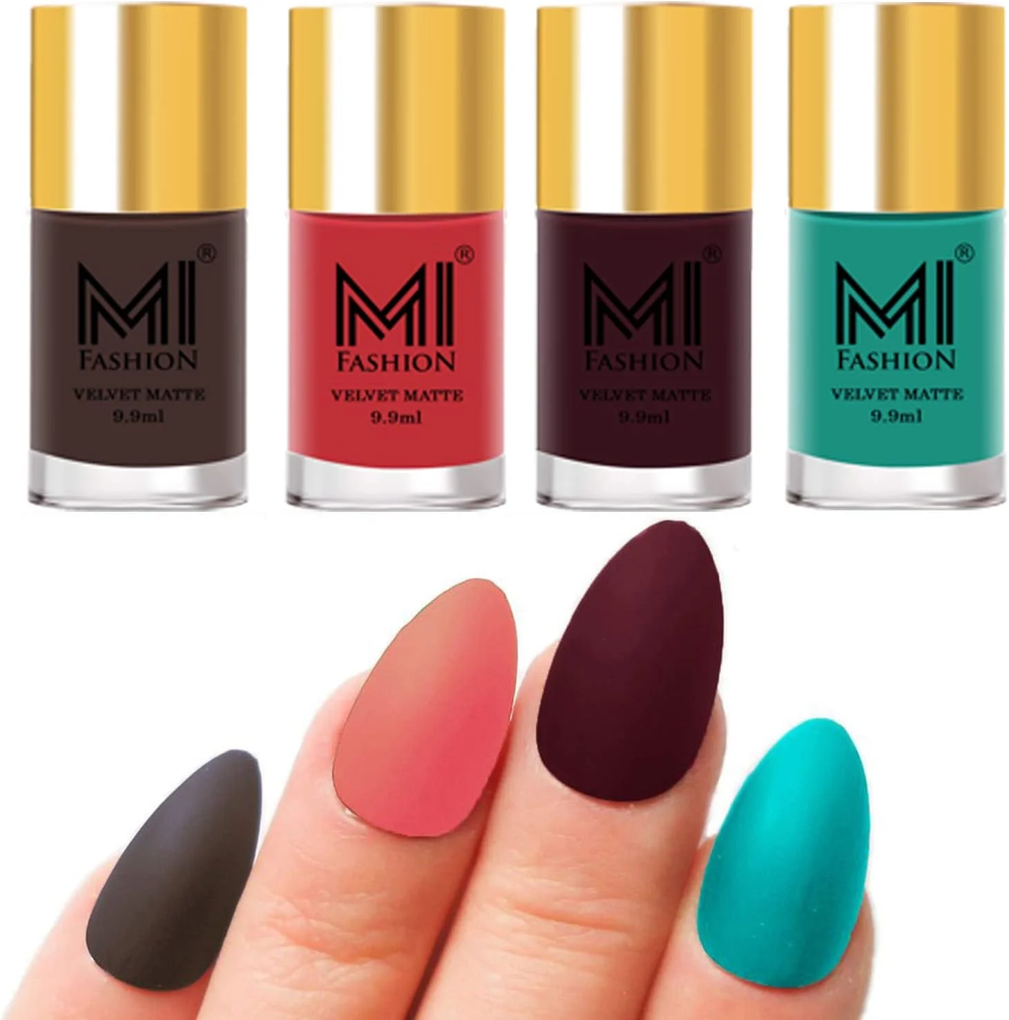 لاک ناخن مات مخملی ام آی فشن، ترکیبی از رنگ های قهوه ای، هلویی روشن، شرابی و آبی آسمانی