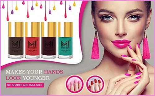 لاک ناخن مات مخملی ام آی فشن، ترکیبی از رنگ های قهوه ای، هلویی روشن، شرابی و آبی آسمانی