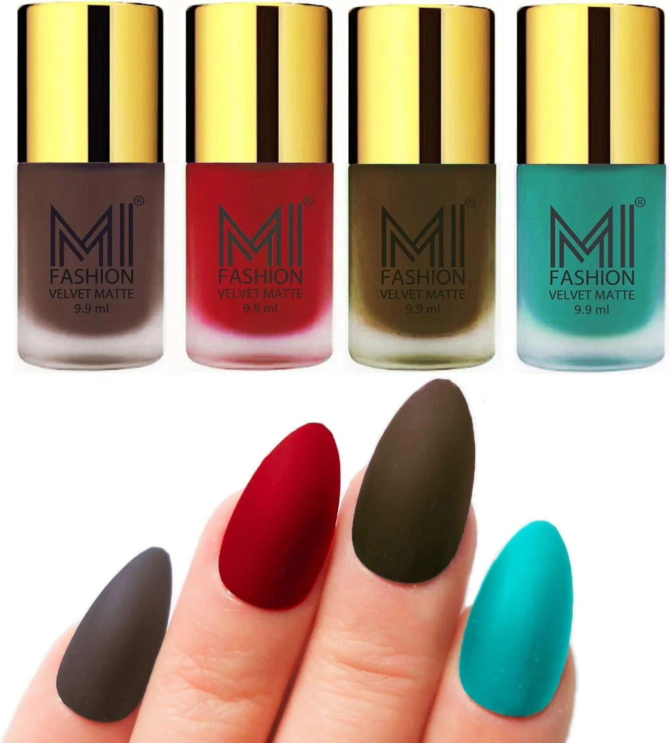 ست لاک ناخن مات مخملی اِم آی فشن، رنگ های قهوه ای، قرمز گوجه ای، قهوه ای زیتونی، آبی آسمانی، 9.9 میلی لیتر (مجموعه 4 عددی)