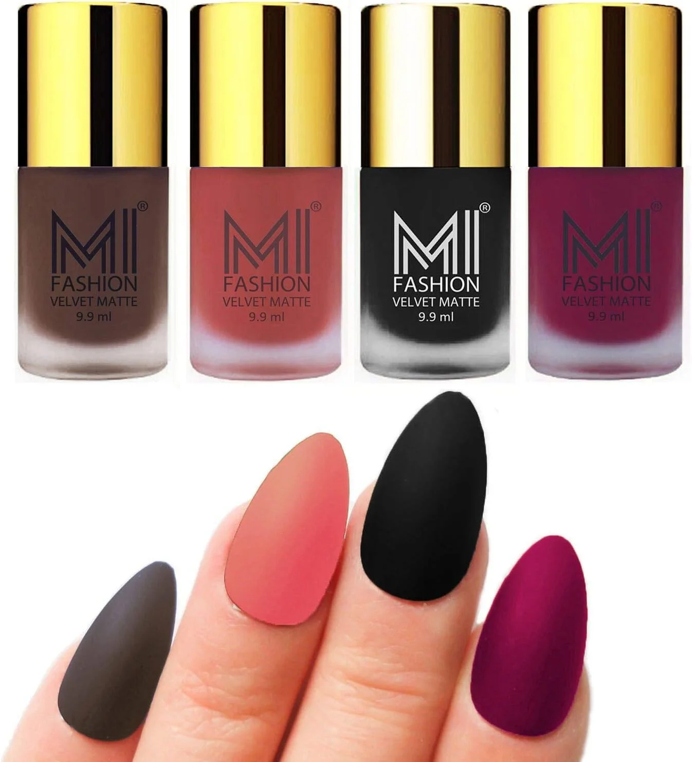 ست لاک مات مخملی اِم آی فشن، قهوه ای، هلویی روشن، مشکی، سرخابی، 9.9 میلی لیتر (مجموعه 4 عددی)