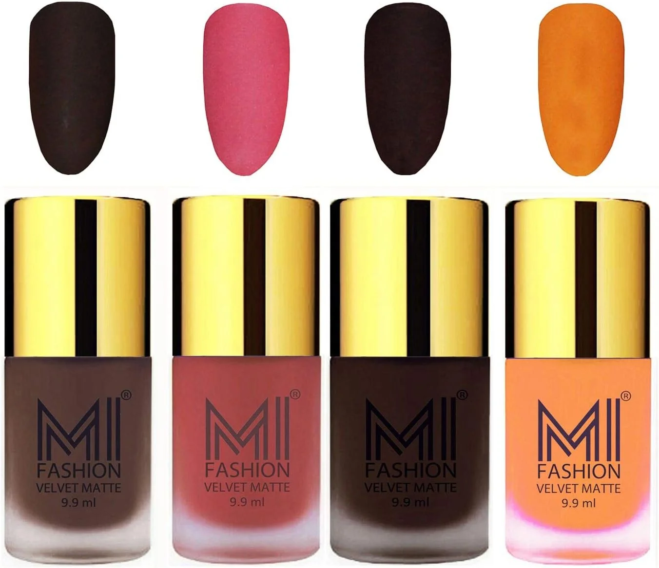 ست لاک ناخن مات مخملی اِم آی فشن، قهوه ای، هلویی روشن، قهوه ای تیره، نارنجی زعفرانی، 9.9 میلی لیتر (مجموعه 4 عددی)
