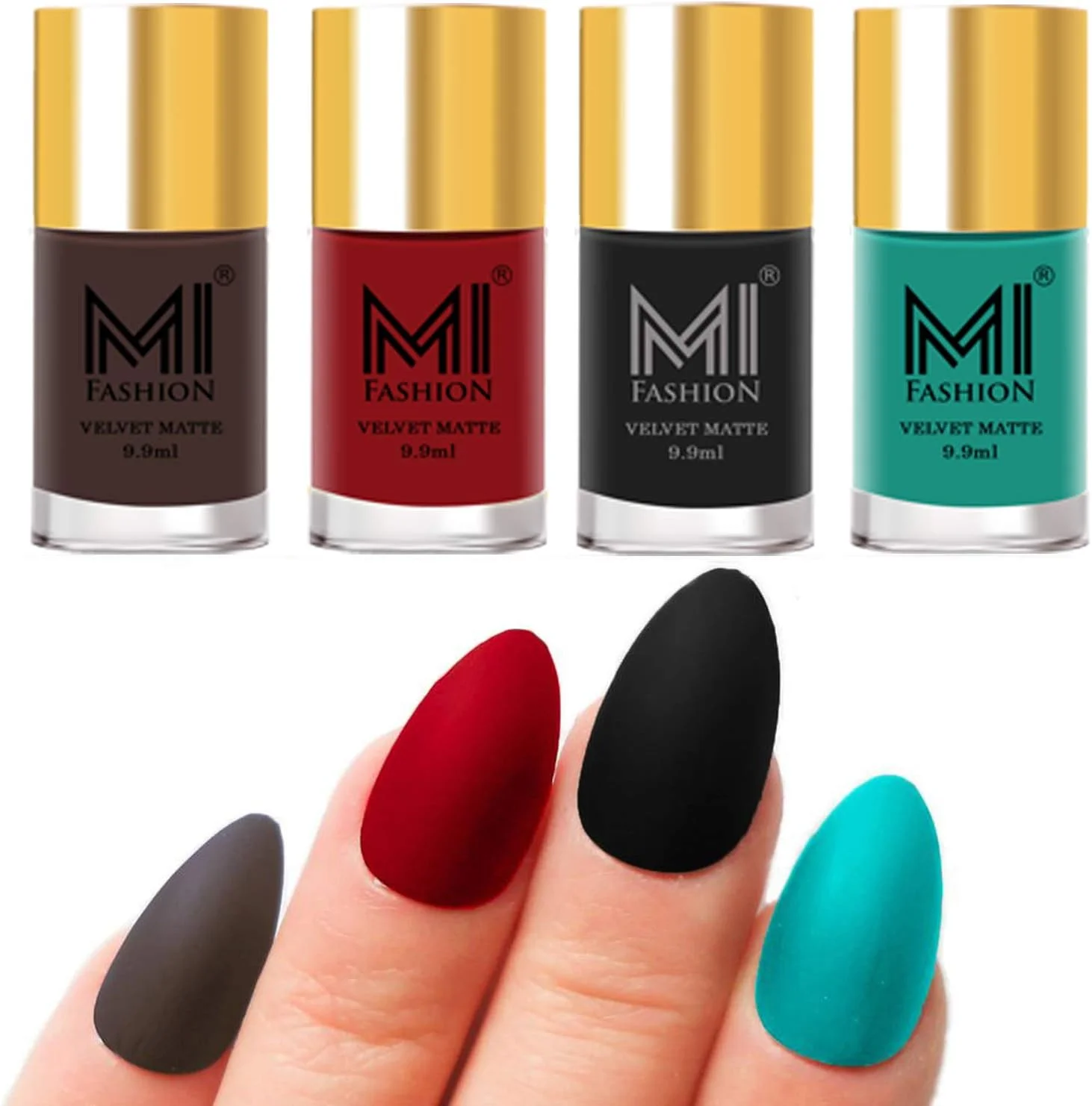 لاک ناخن مات مخملی ام آی فشن، ترکیبی از رنگ های قهوه ای، قرمز گوجه ای، مشکی و آبی آسمانی