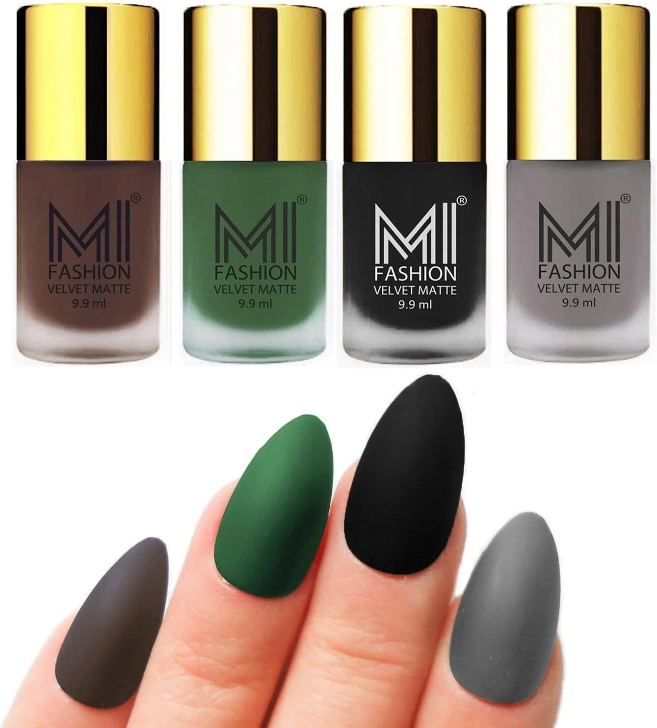 مجموعه لاک ناخن مات مخملی ام آی فشن، قهوه ای، سبز، مشکی، خاکستری، 9.9 میلی لیتر (مجموعه 4 عددی)